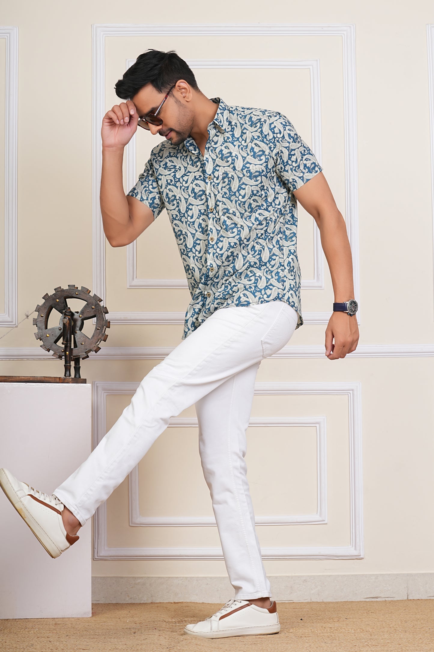 Blue Ambi Hand block Print Plus Size Mens Half Sleeves Cotton Shirt