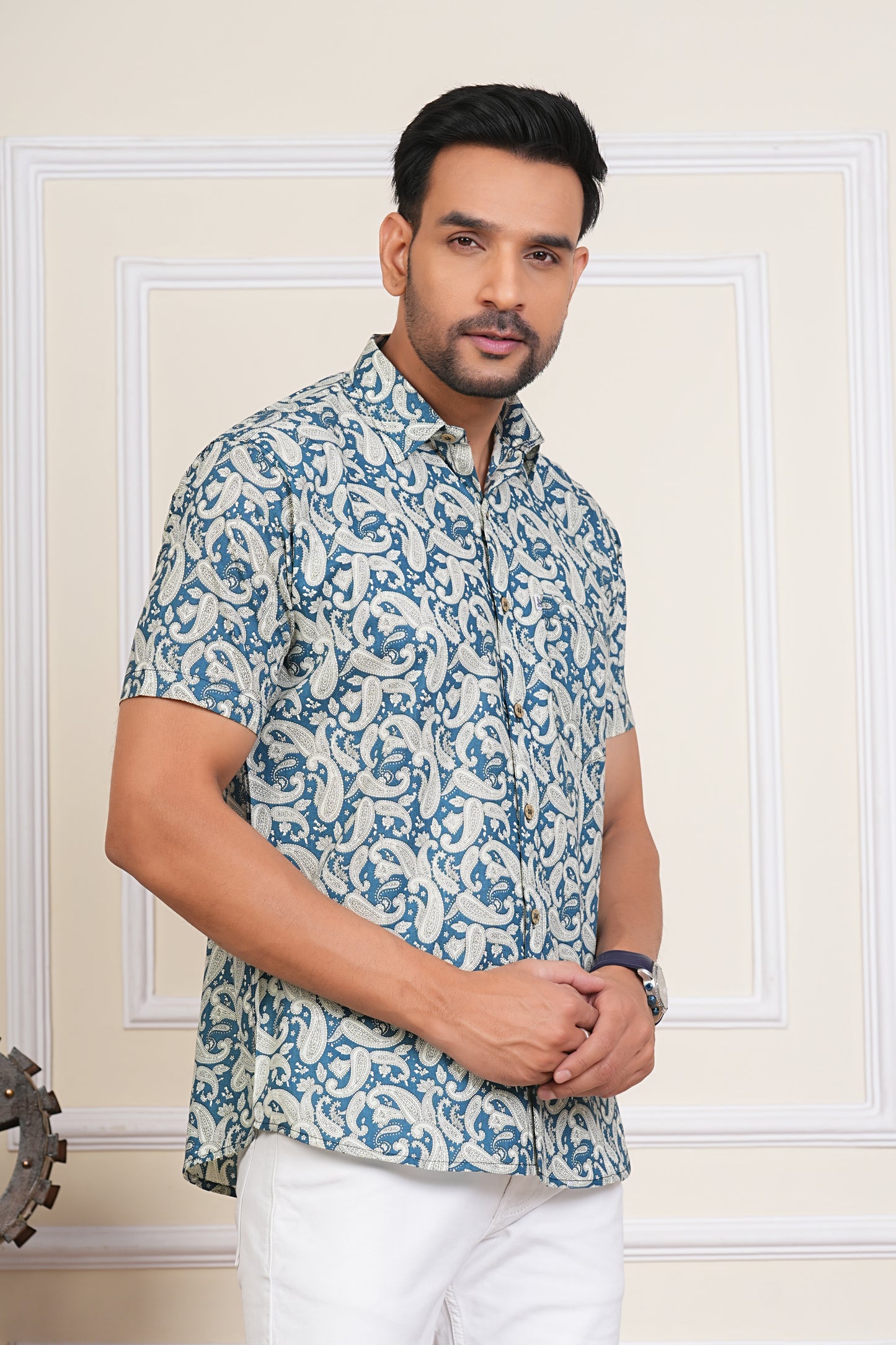 Blue Ambi Hand block Print Plus Size Mens Half Sleeves Cotton Shirt