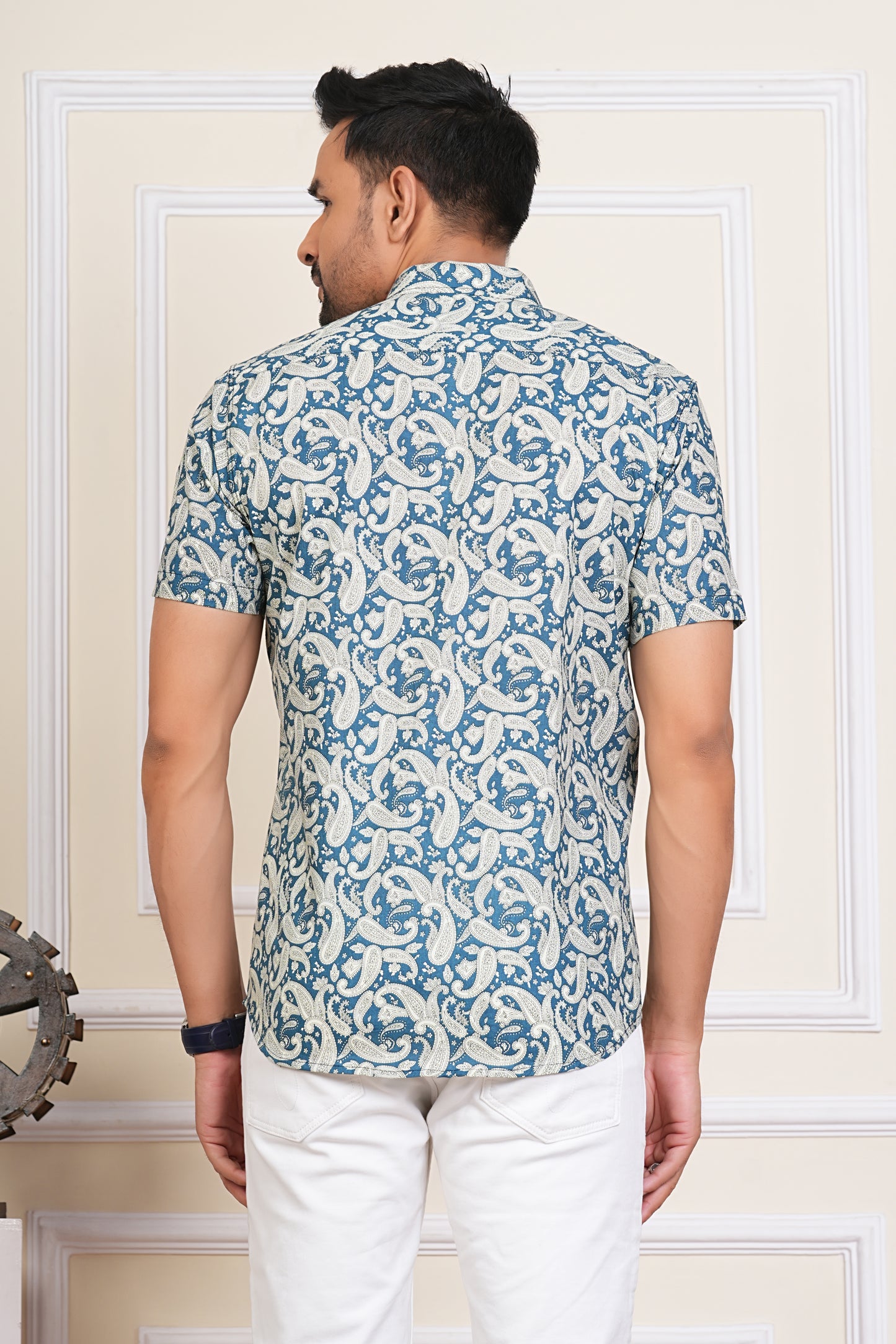 Blue Ambi Hand block Print Plus Size Mens Half Sleeves Cotton Shirt