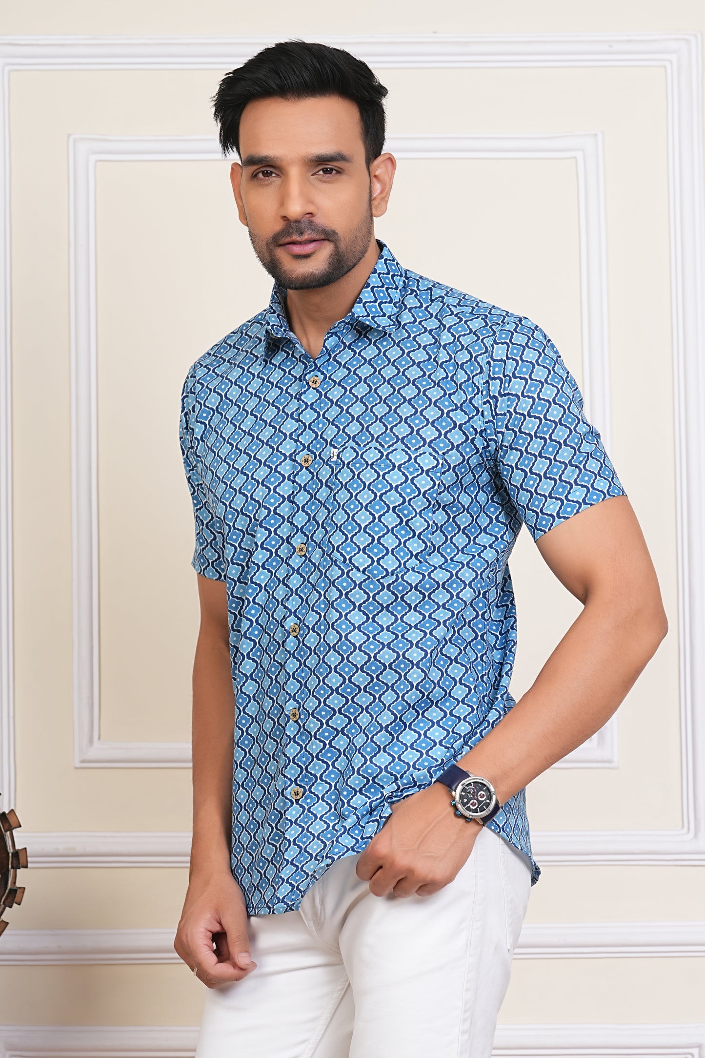 Indigo Mughal Jaal Printed Plus Size Mens Half Sleeves Cotton Shirt