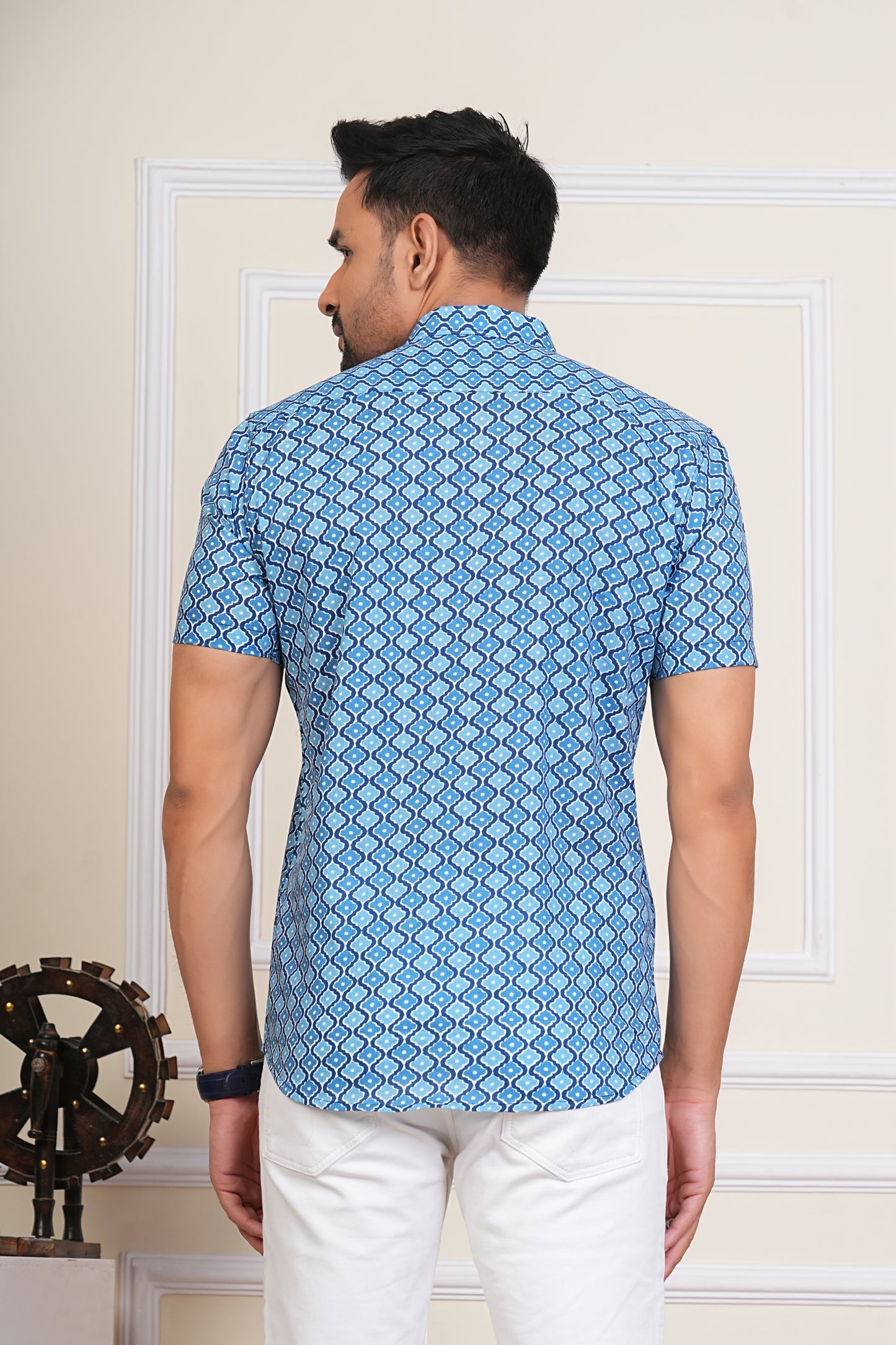 Indigo Mughal Jaal Printed Plus Size Mens Half Sleeves Cotton Shirt