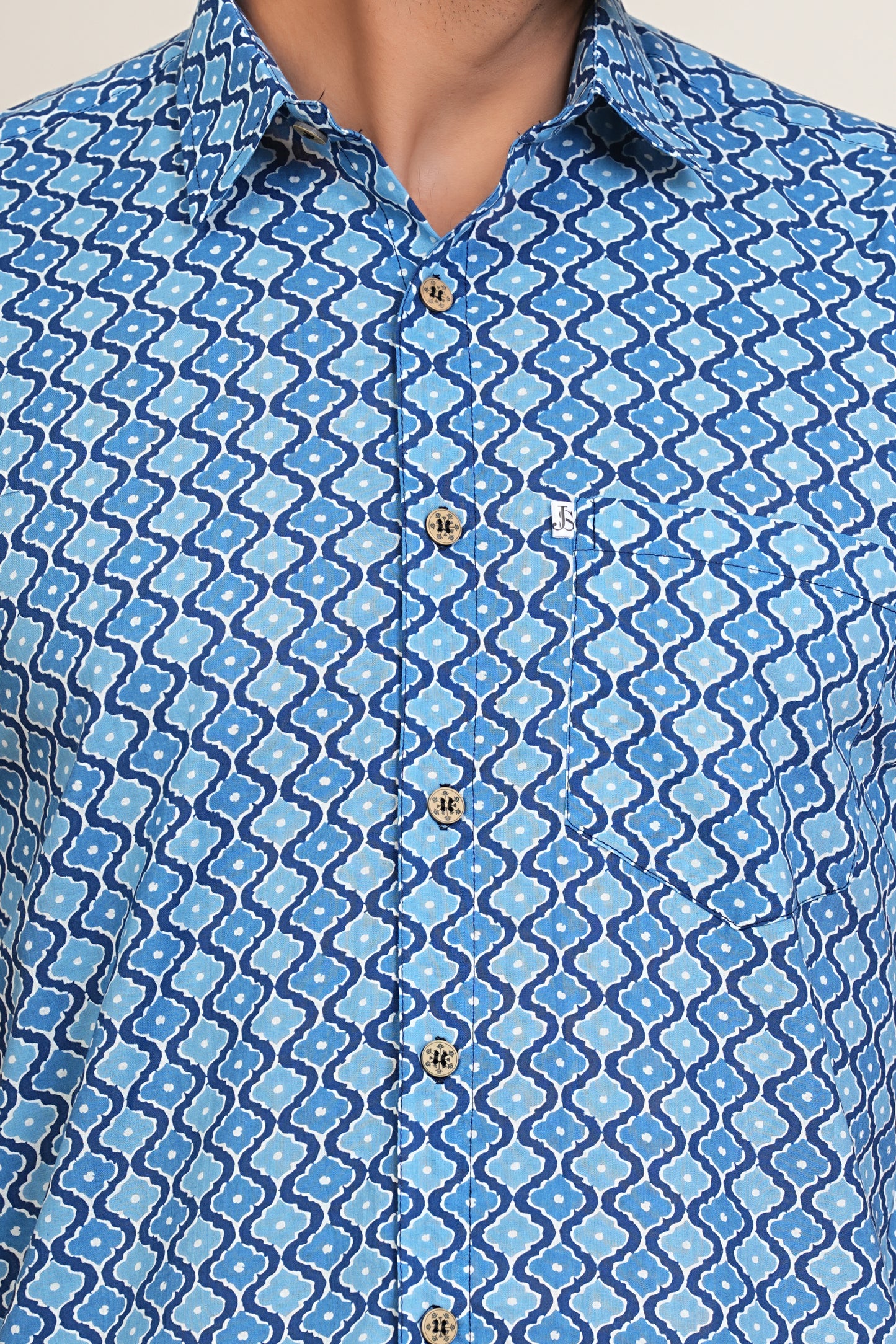 Indigo Mughal Jaal Printed Plus Size Mens Half Sleeves Cotton Shirt