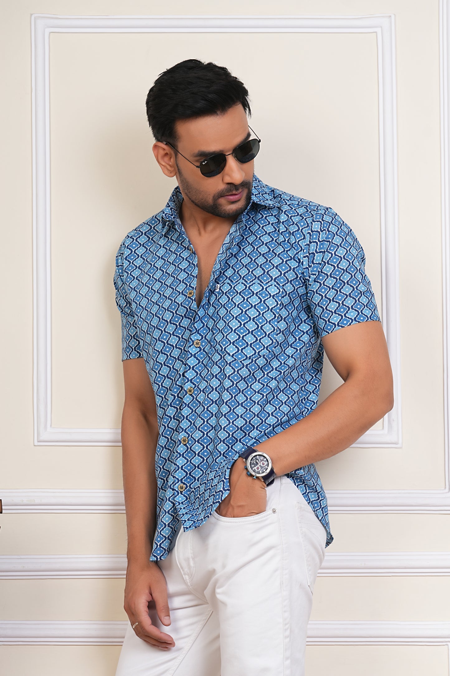 Indigo Mughal Jaal Printed Plus Size Mens Half Sleeves Cotton Shirt