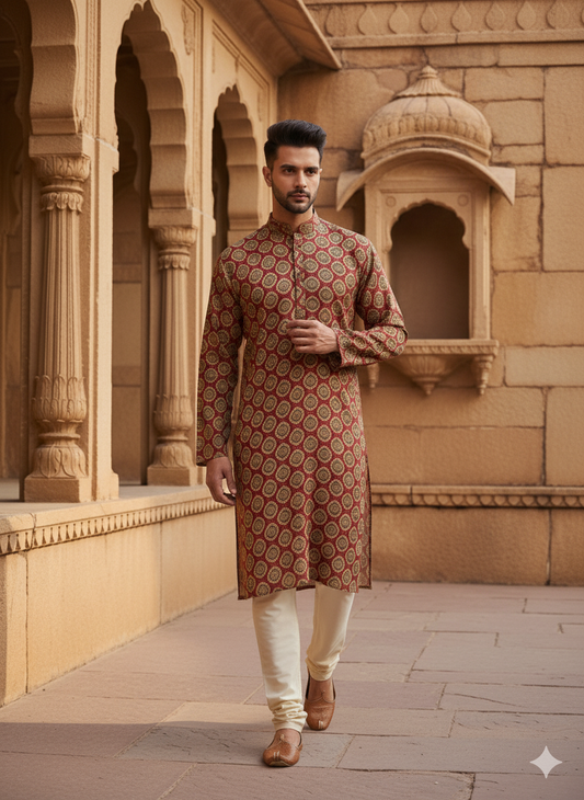 Red Ajrak Jaal Printed Full Sleeves Long Kurta for Men