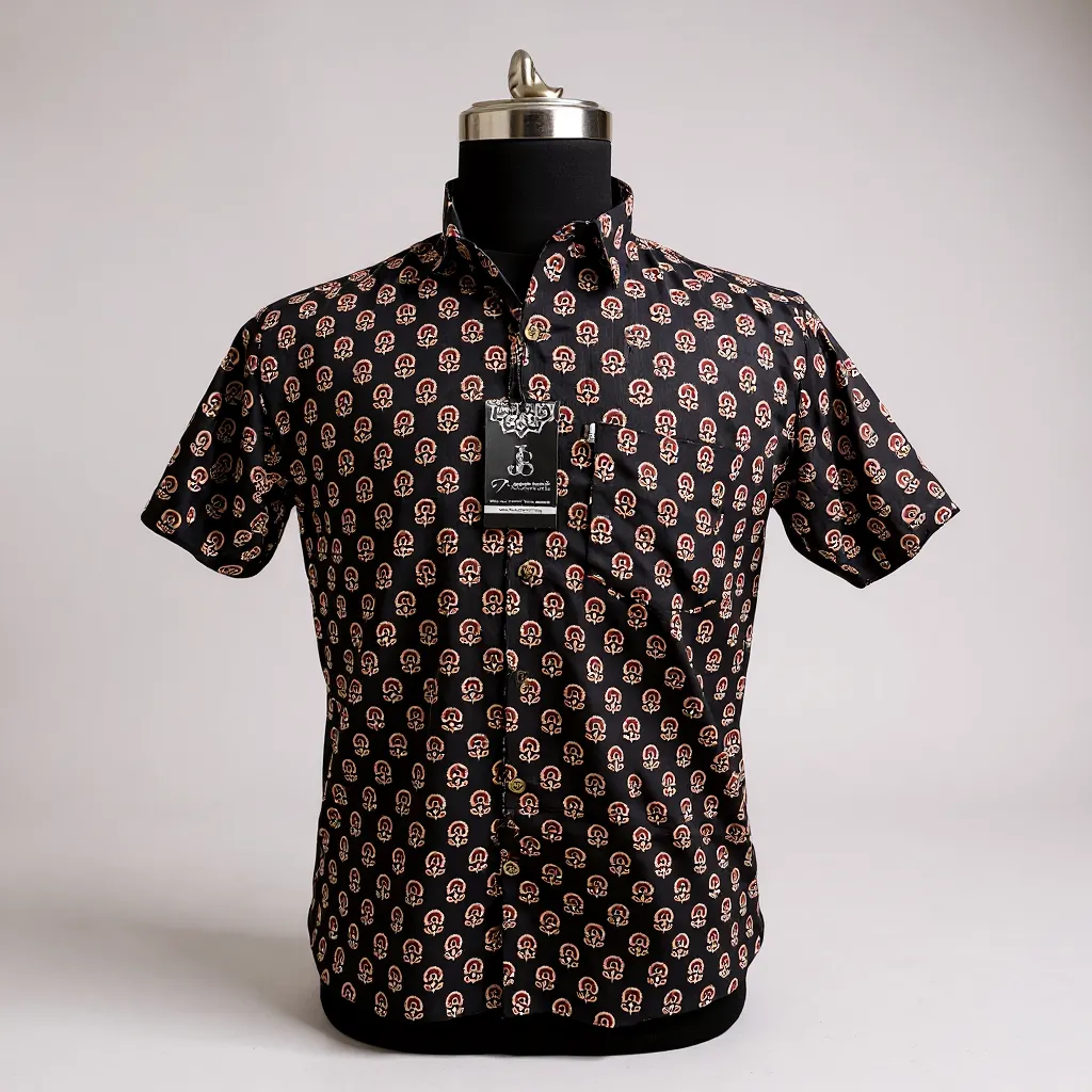 Black Floral Booti Printed Mens Half Sleeves Cotton Shirt