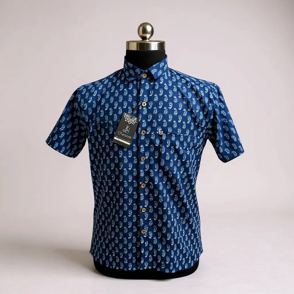 Blue Hand Motif Printed Mens Half Sleeves Cotton Shirt