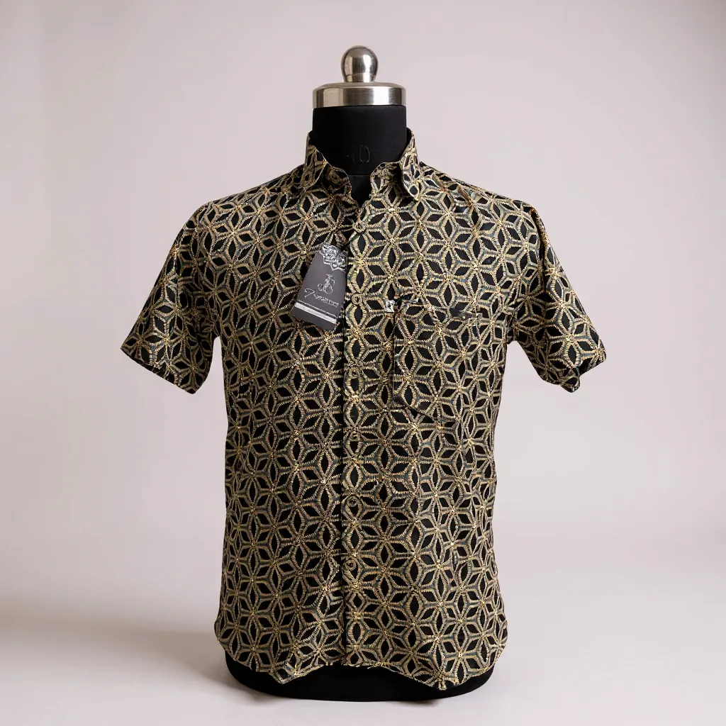 Golden Lattice Printed Mens Half Sleeves Cotton Shirt