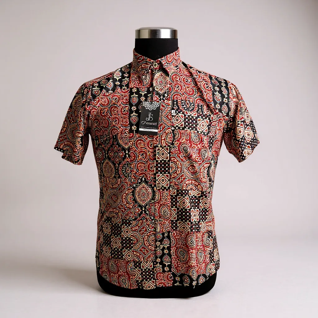 Red Ajrakh Patchwork Printed Mens Half Sleeves Cotton Shirt