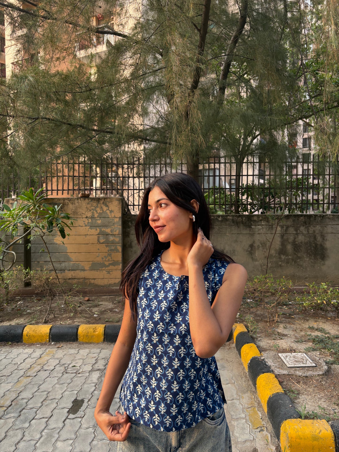 Indigo Floral Buti Printed Cotton Sleeveless Top for Women