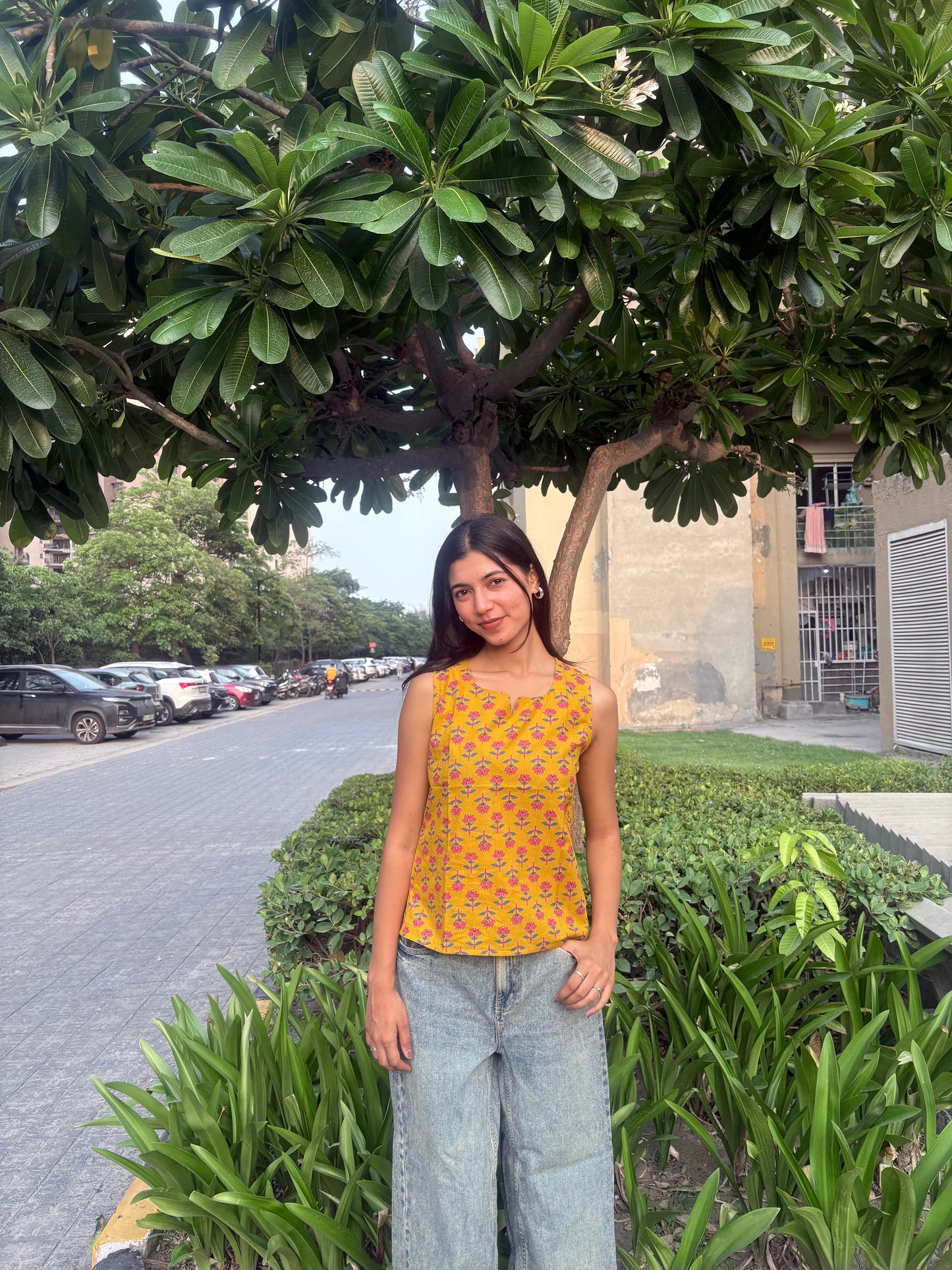 Mustard Floral Printed Cotton Sleeveless Top for Women