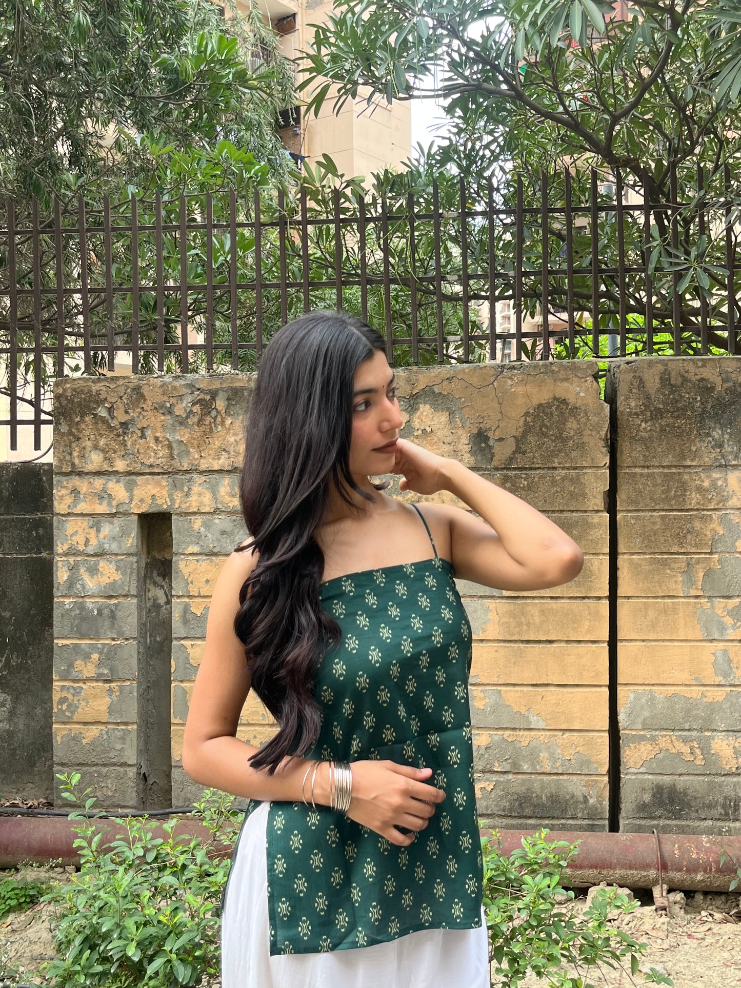 Bottle Green Block Print Cotton Spaghetti Top for Women