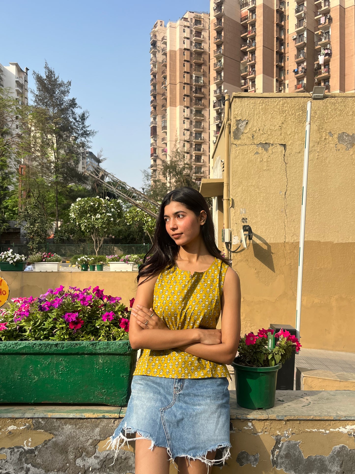 Mustard Yellow Floral Buta Print Sleeveless Cotton Crop Kurti Top for Women
