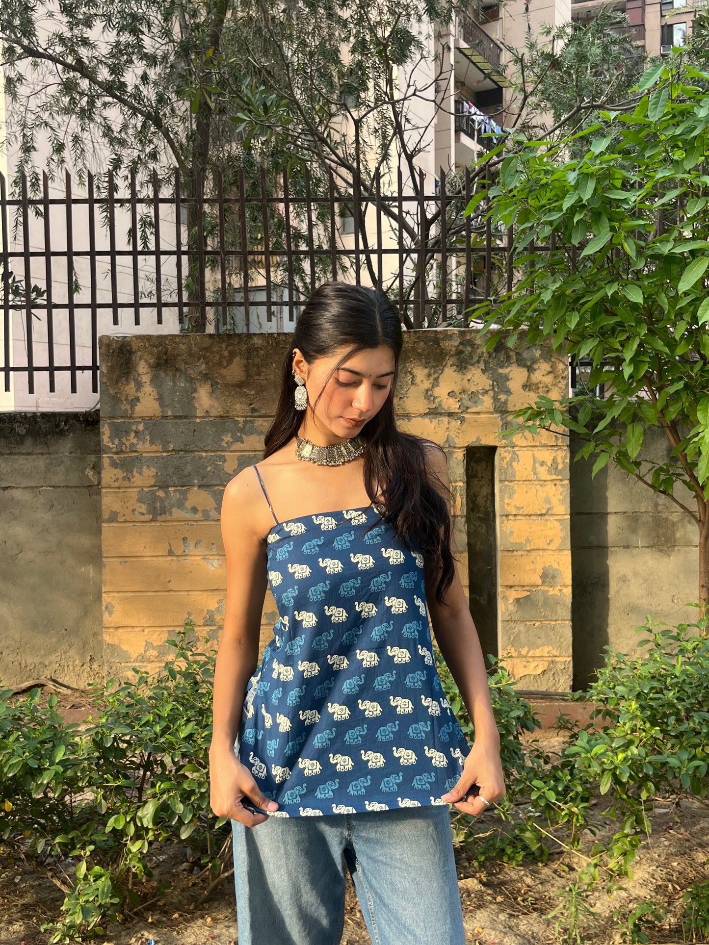 Navy Blue Elephant Print Cotton Spaghetti Top for Women