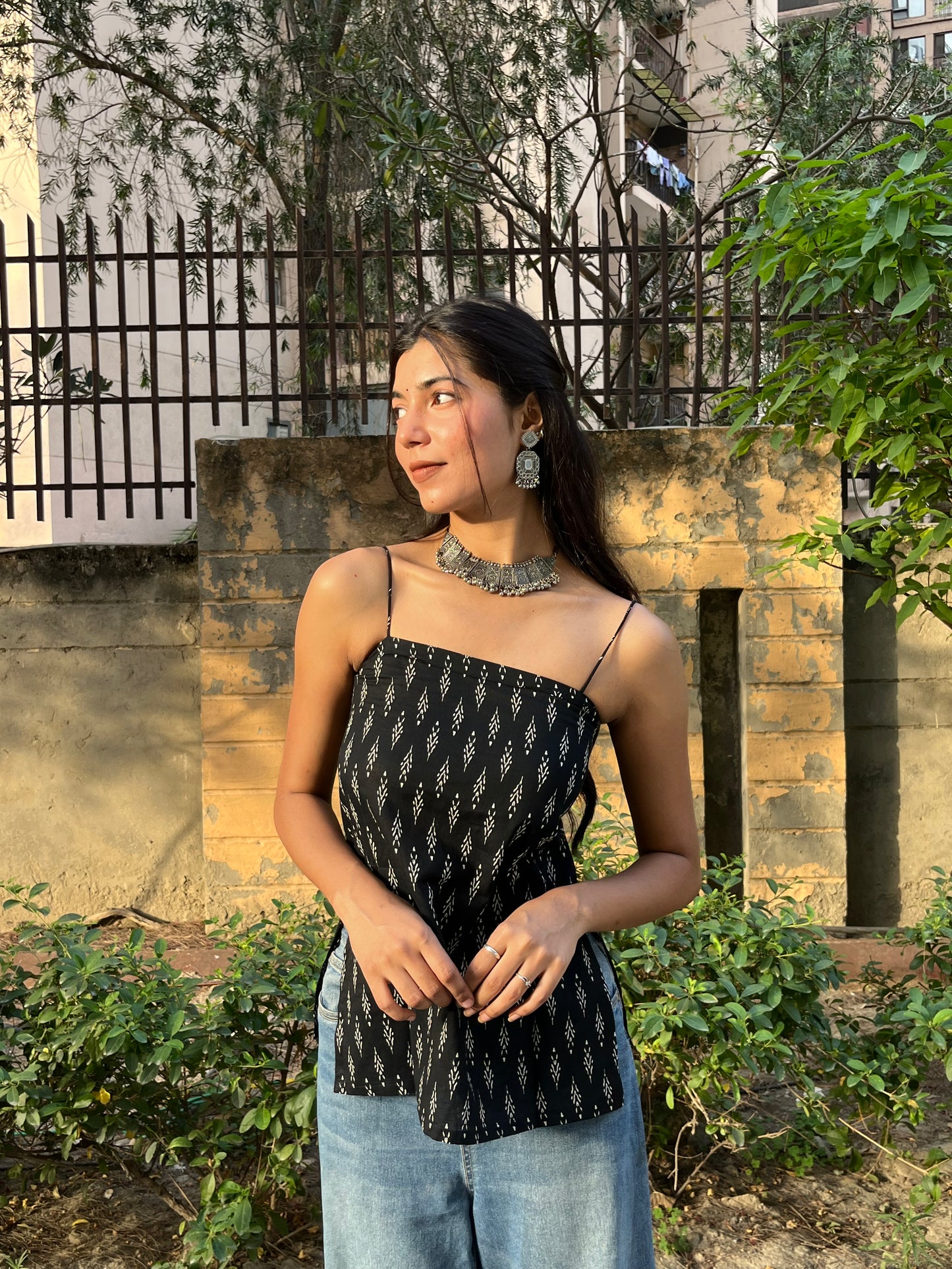 Black Minimal Block Print Cotton Spaghetti Top for Women