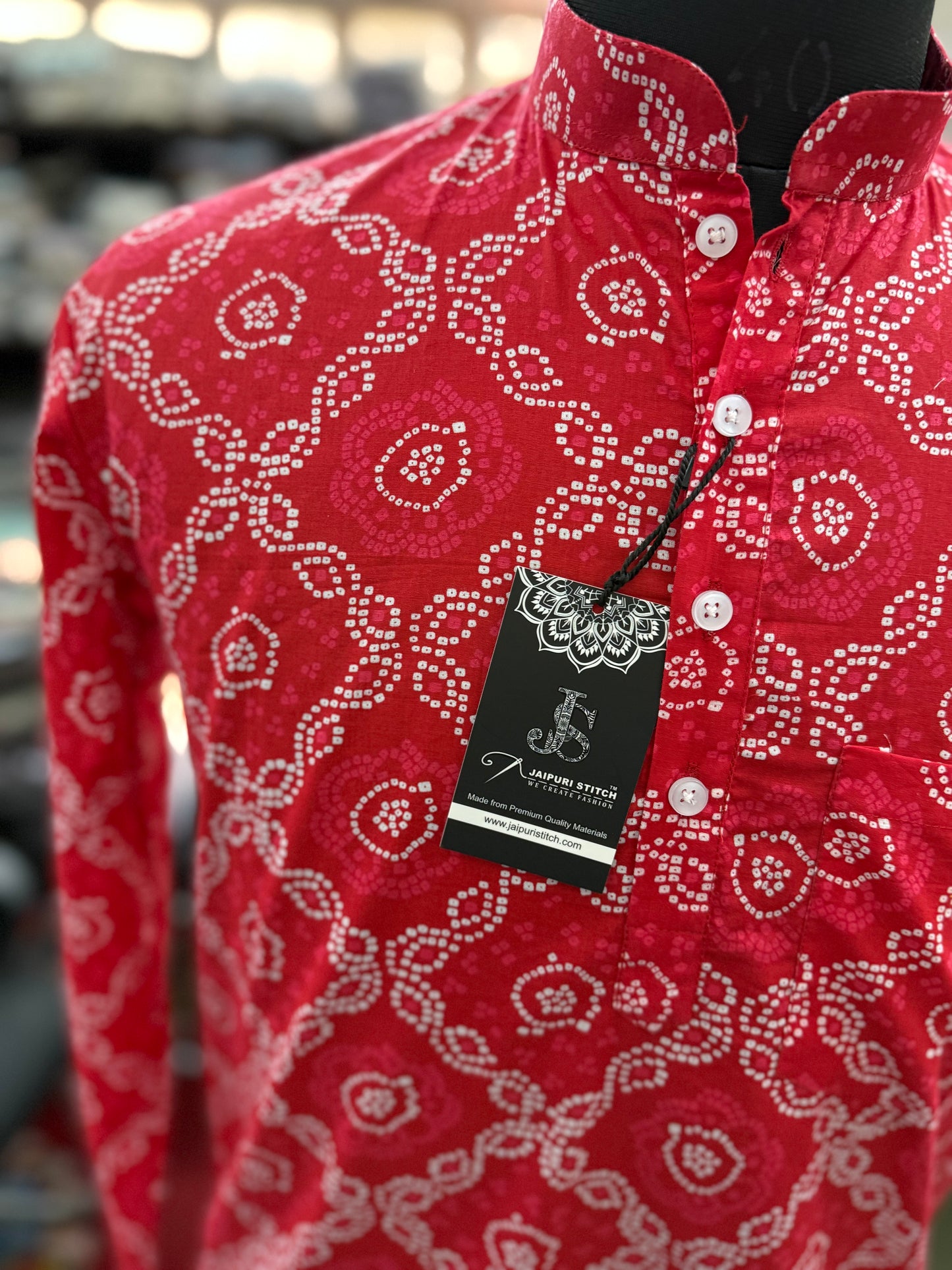 Red Bandhej Printed Full Sleeves Short Kurta for Men