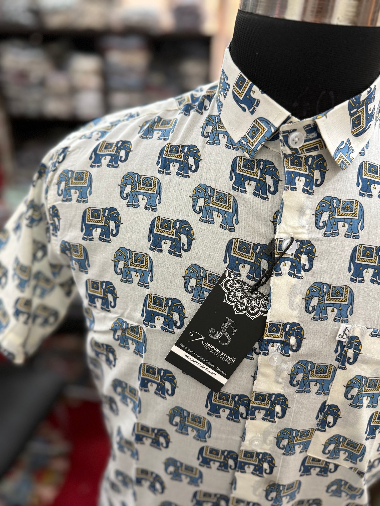 Blue White Mughal Elephant Printed Plus Size Half Sleeves Cotton Shirt