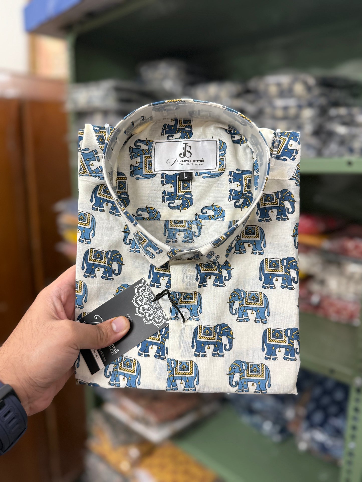 Blue White Mughal Elephant Printed Plus Size Half Sleeves Cotton Shirt