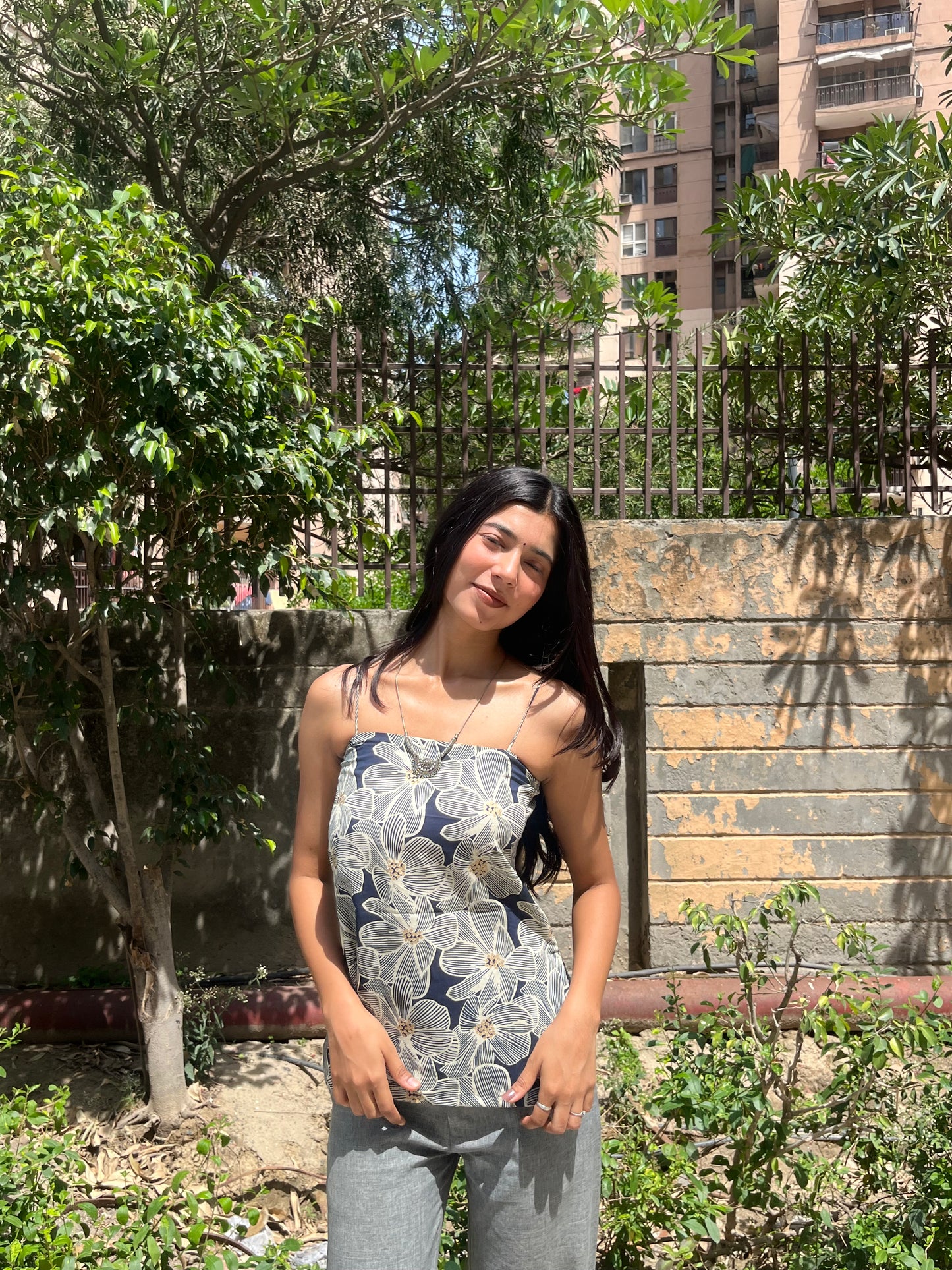 Navy Blue Floral Print Cotton Spaghetti Top for Women