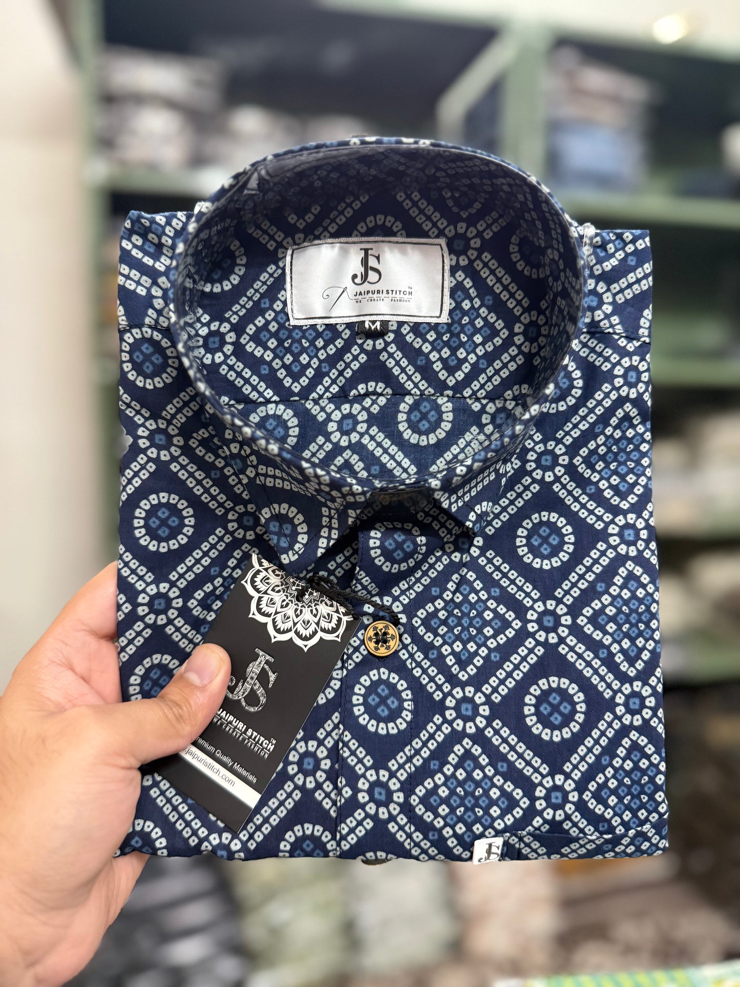 New Blue Bandhani/Bandhej Printed Mens Half Sleeves Cotton Shirt