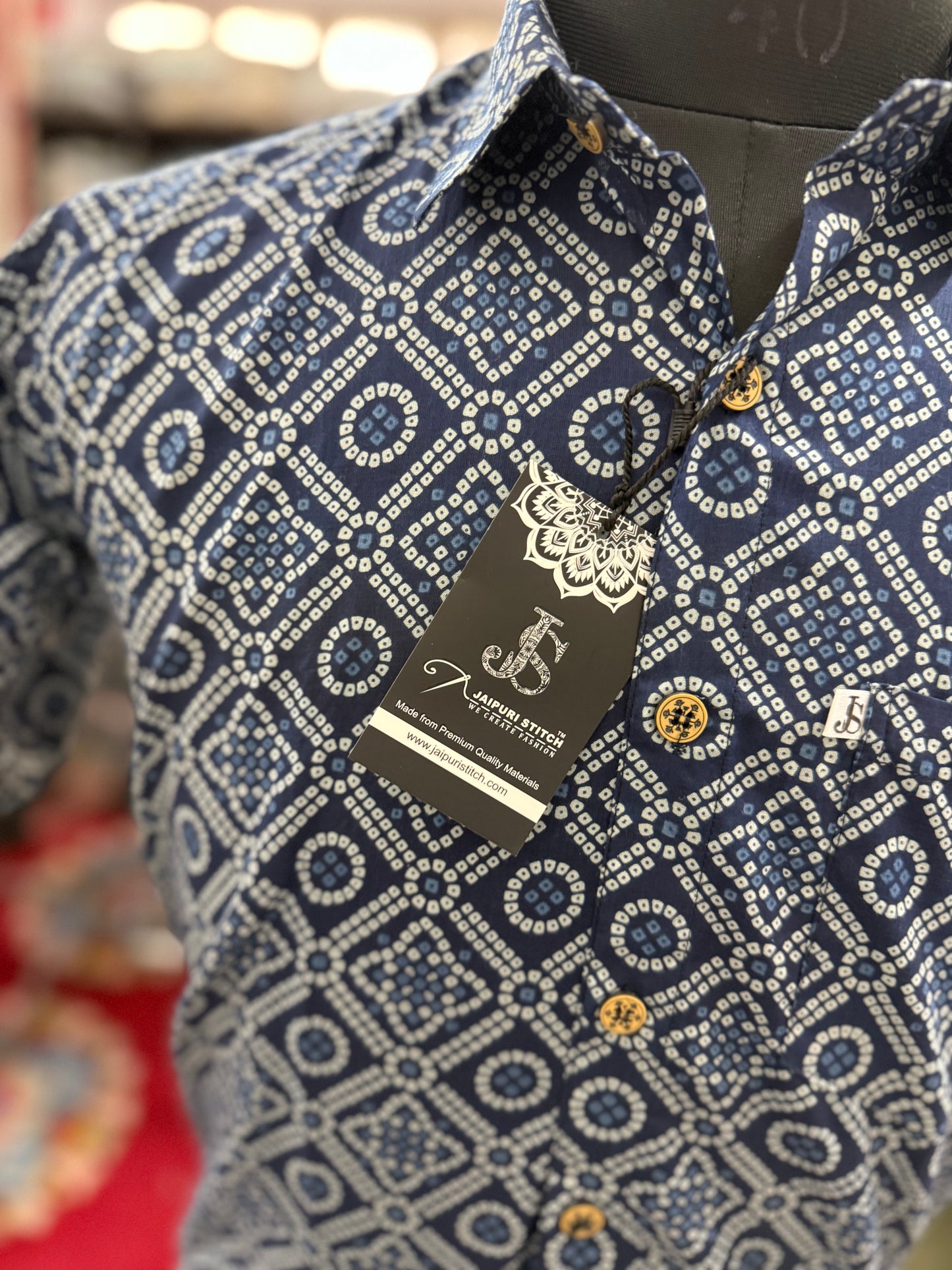 New Blue Bandhani/Bandhej Printed Mens Half Sleeves Cotton Shirt