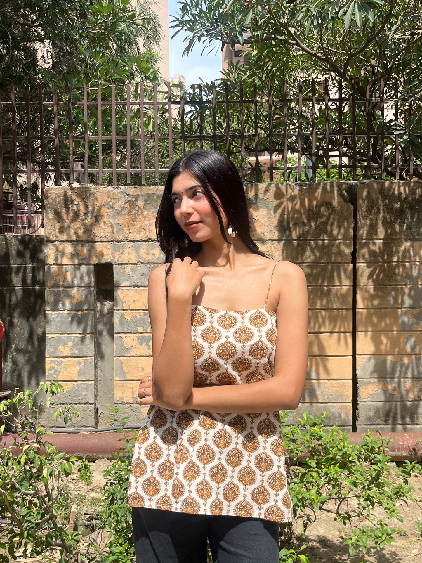 Ivory Mughal Buta Print Cotton Spaghetti Top for Women