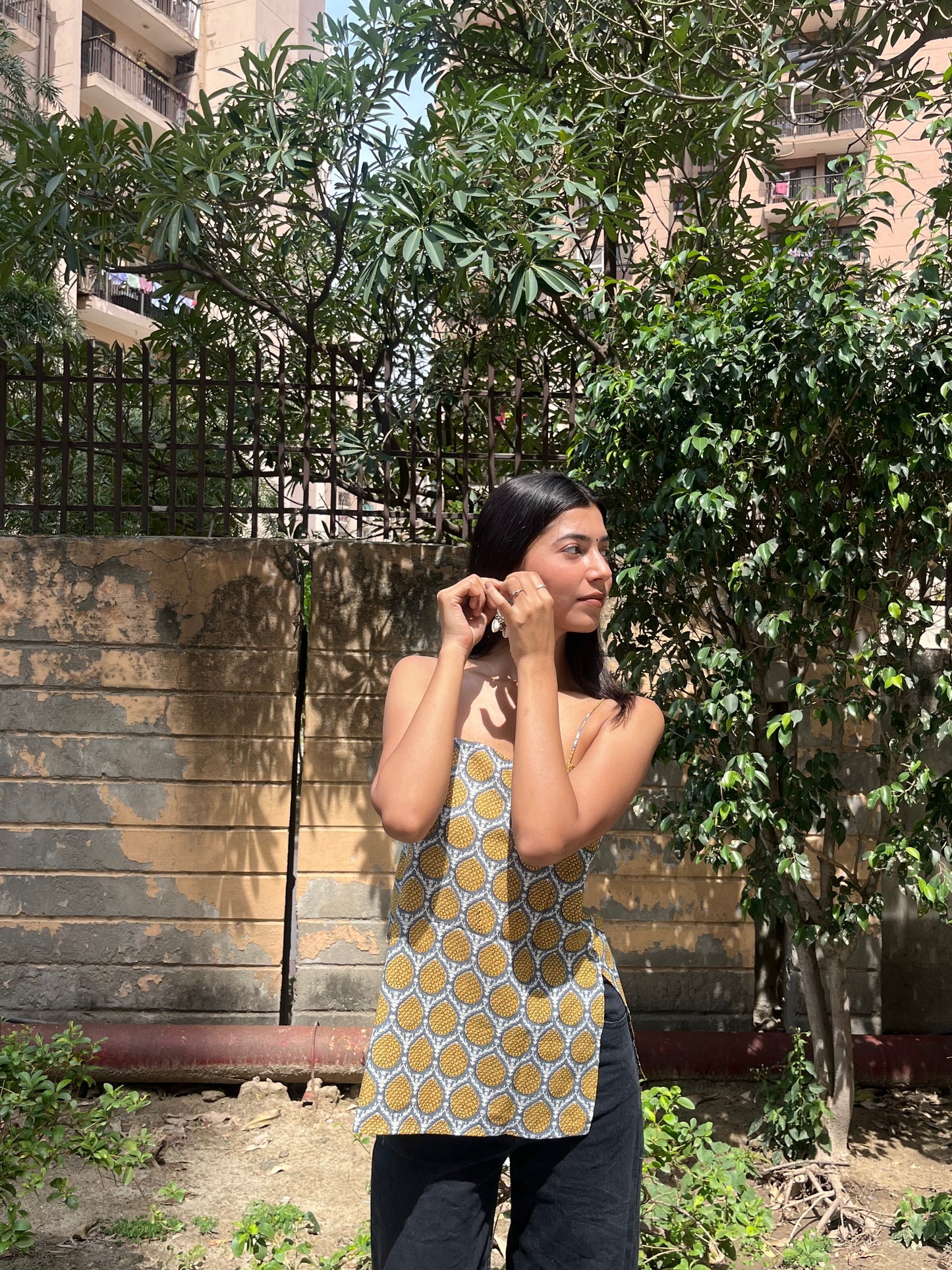 Grey Yellow Pineapple Buta Print Cotton Spaghetti Top for Women