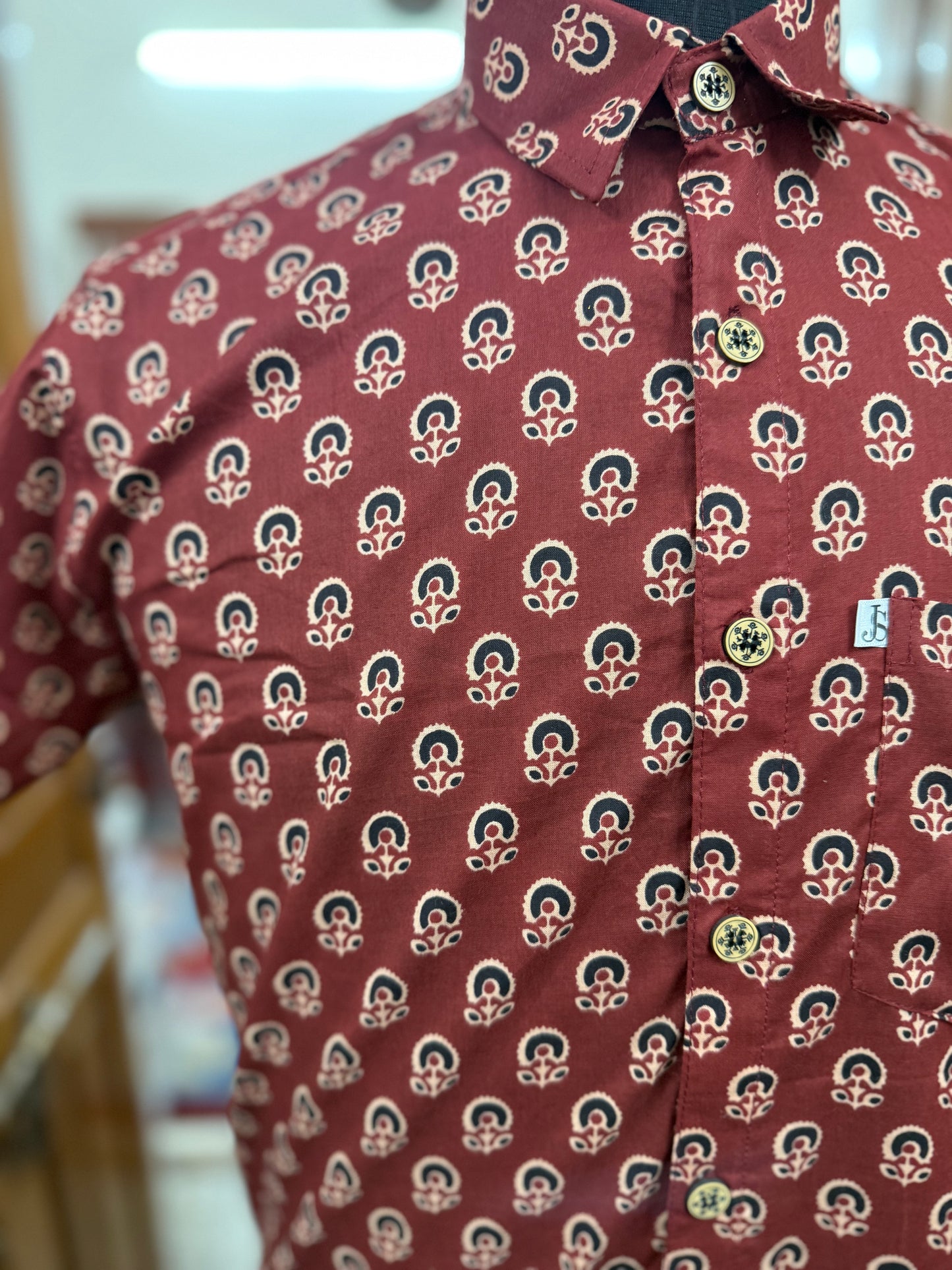 Maroon And Black Booti Printed Plus Size Mens Half Sleeves Cotton Shirt