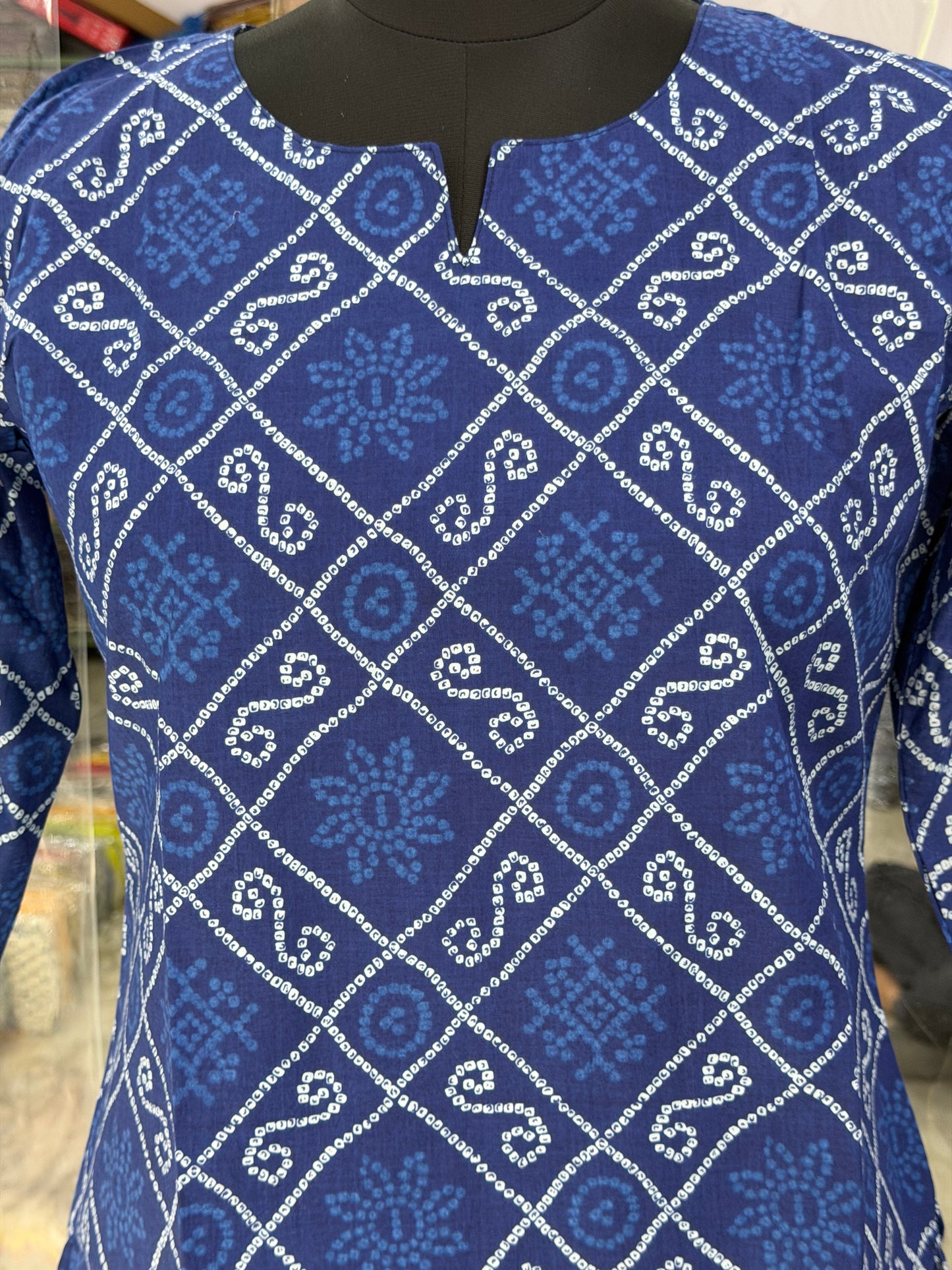 Navy Blue Bandhani Printed Women's Cotton Short Kurti Top