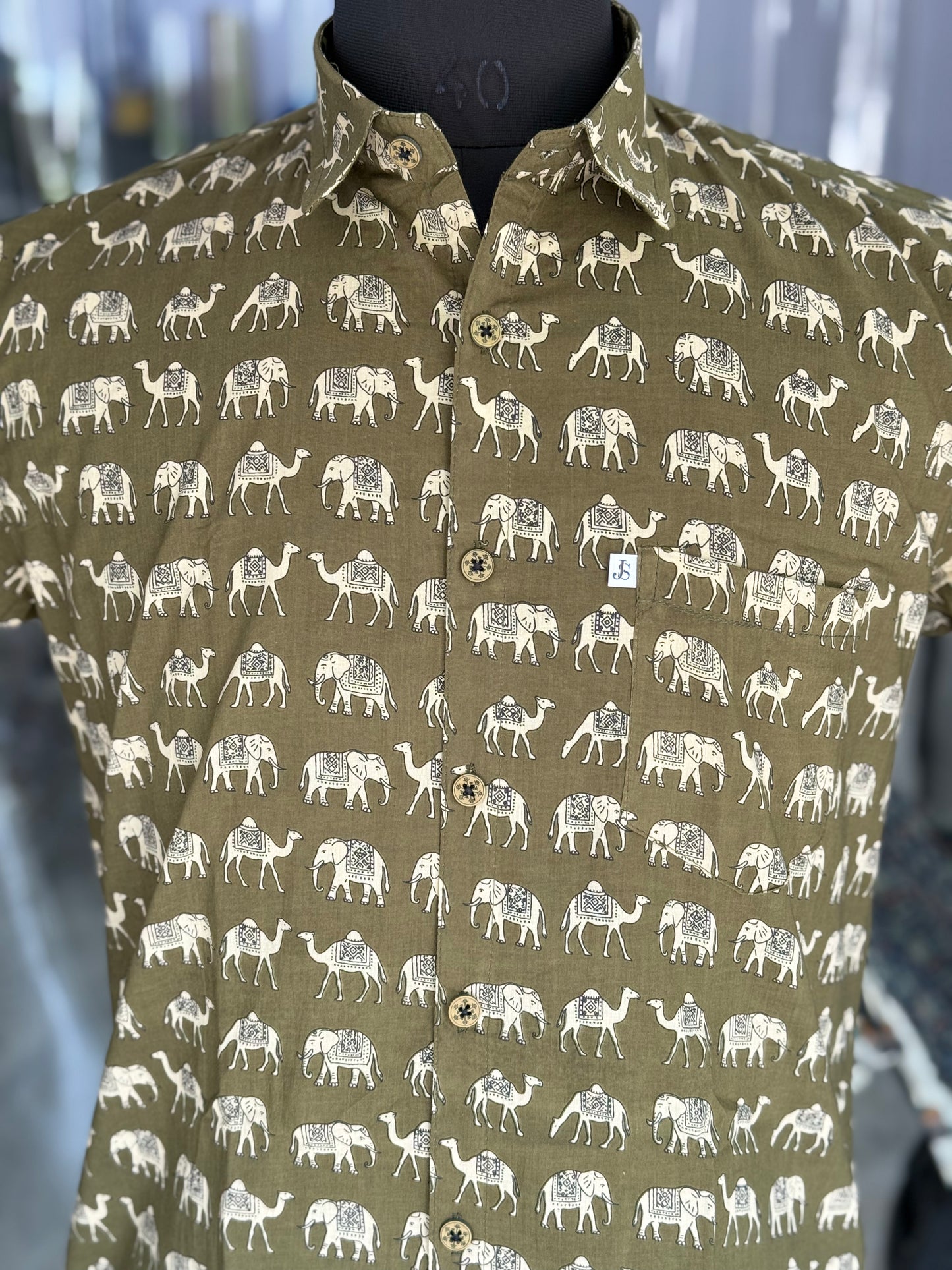 Olive Elephant Camel Printed Men's Half Sleeves Cotton Shirt