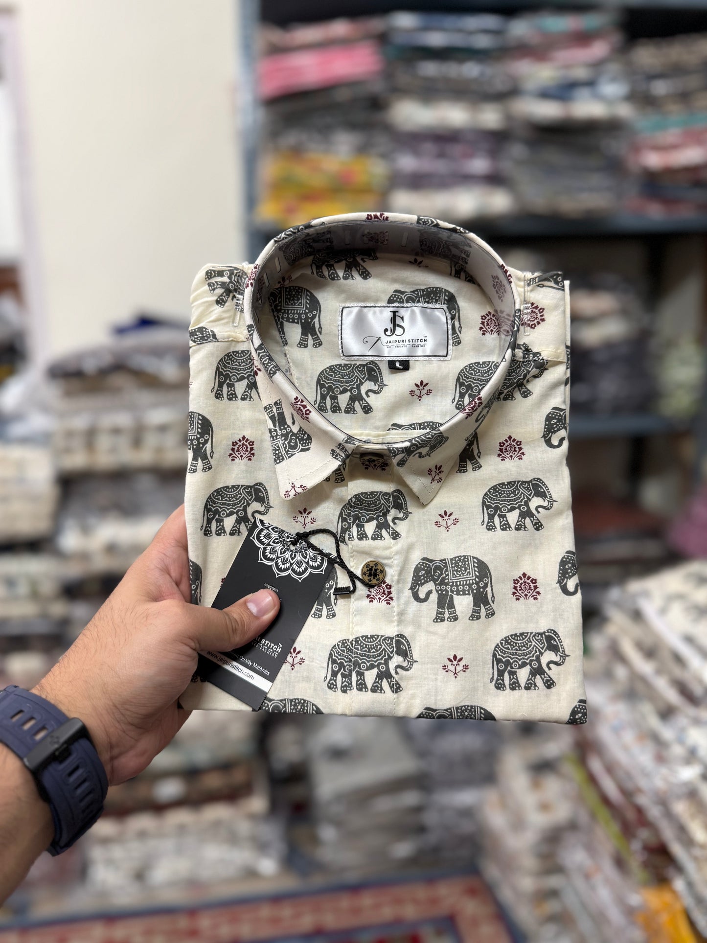 Ivory Grey Elephant Printed Plus Size Half Sleeves Cotton Shirt