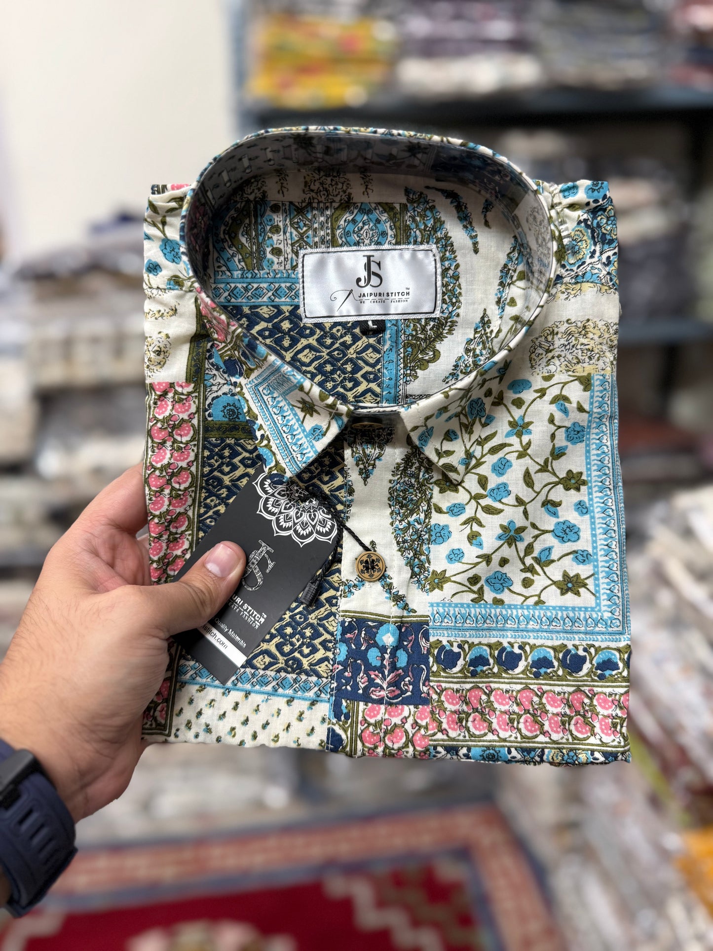 Patchwork Paisley Jaipuri Printed Plus Size Half Sleeves Cotton Shirt