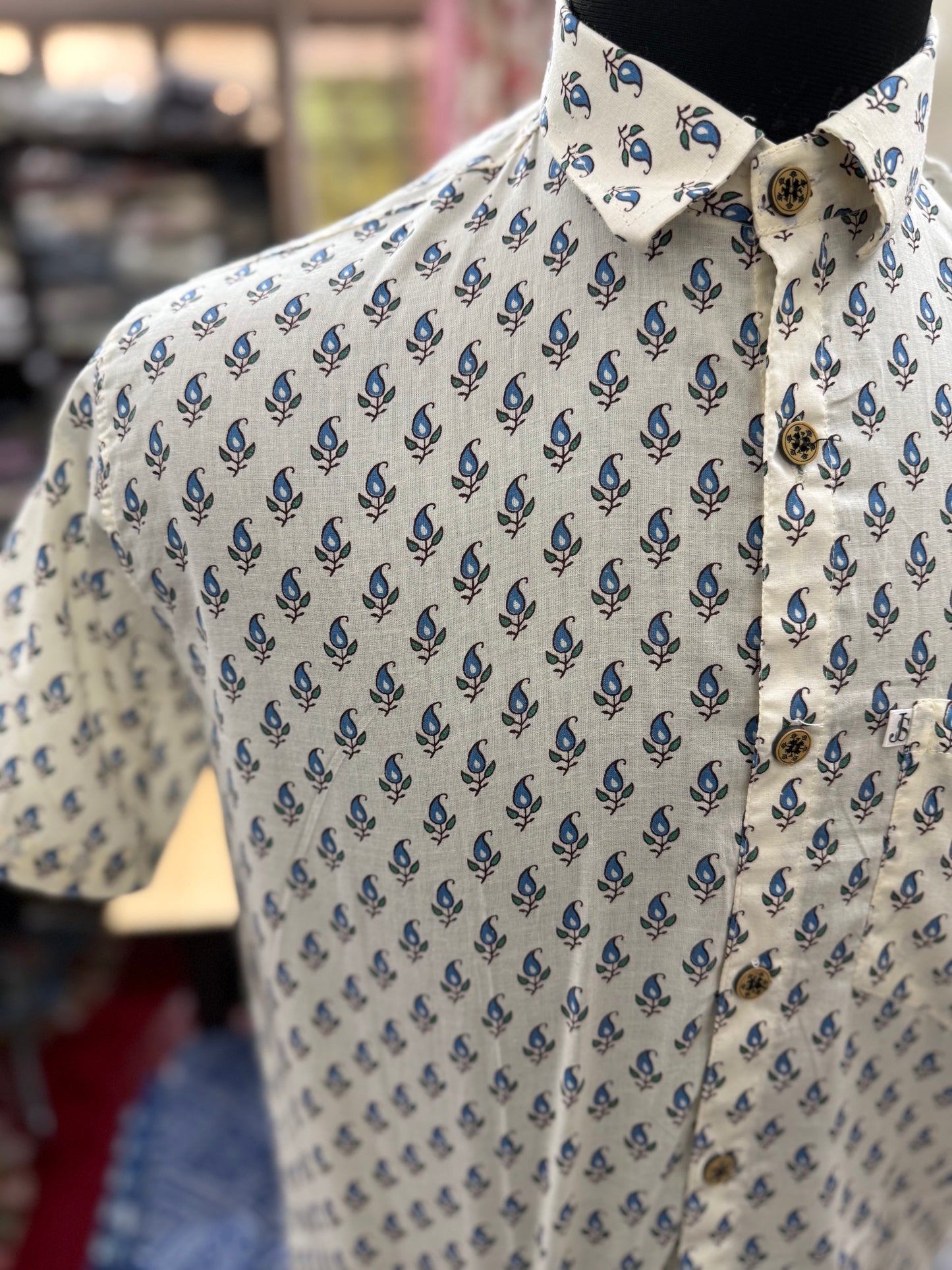 White Blue Booti Printed Plus Size Half Sleeves Cotton Shirt