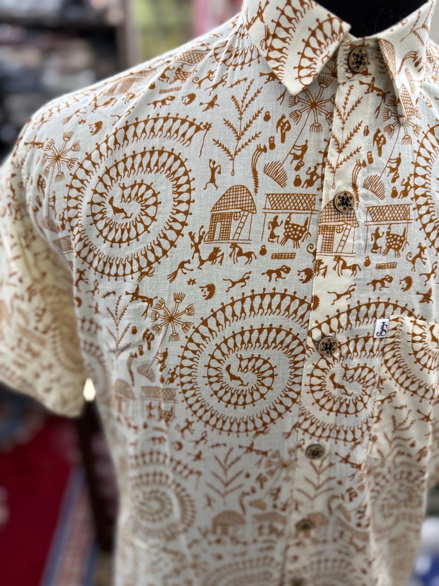 Sand Warli Spiral Printed Plus Size Half Sleeves Cotton Shirt