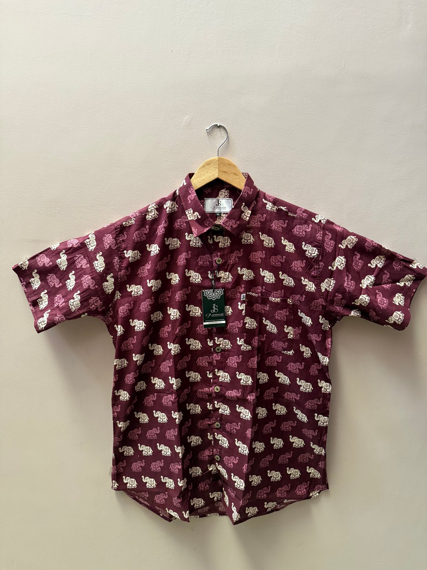 Jaipuri Maroon Elephant Printed Mens Half Sleeves Cotton Shirt