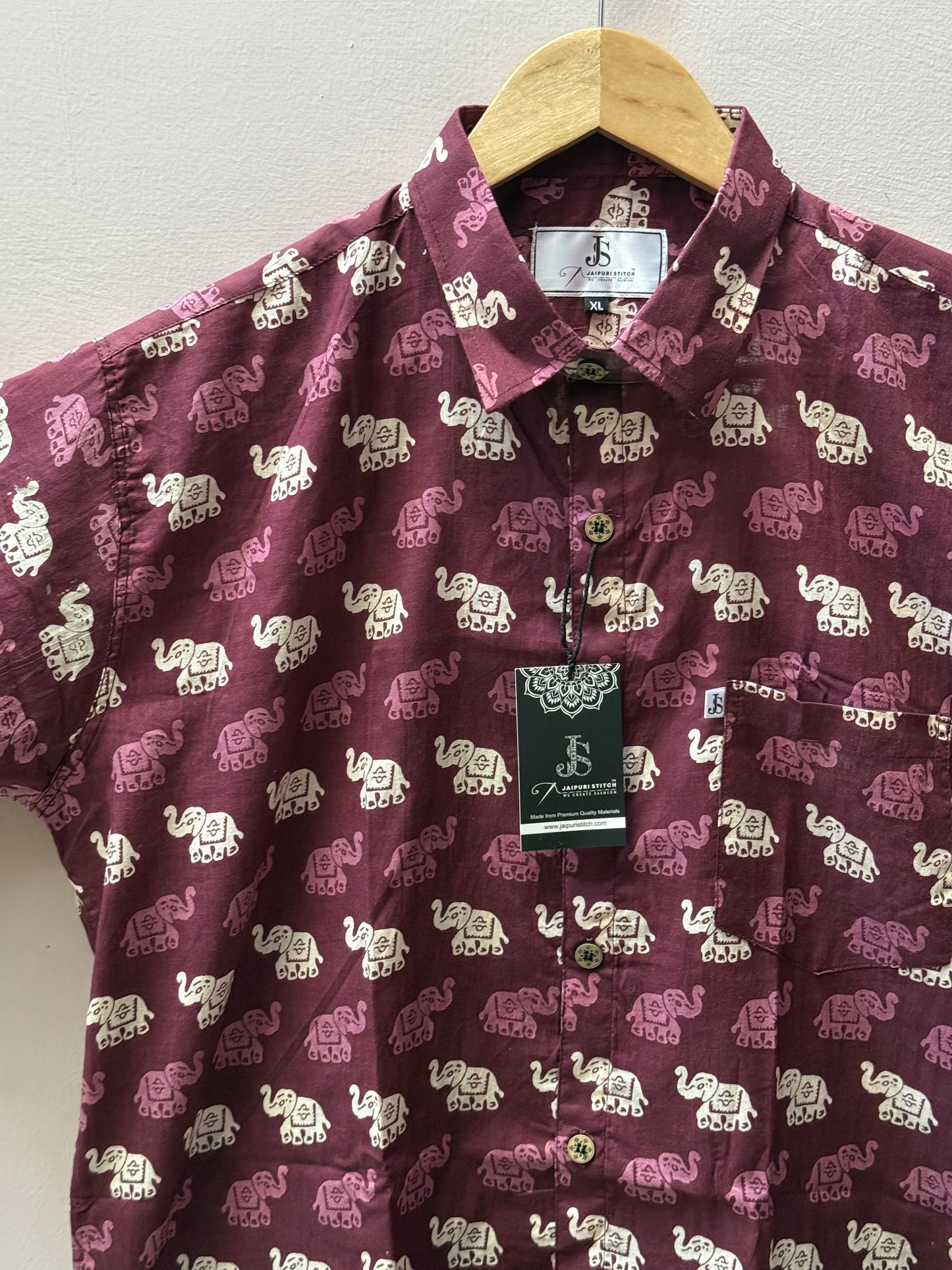 Jaipuri Maroon Elephant Printed Mens Half Sleeves Cotton Shirt