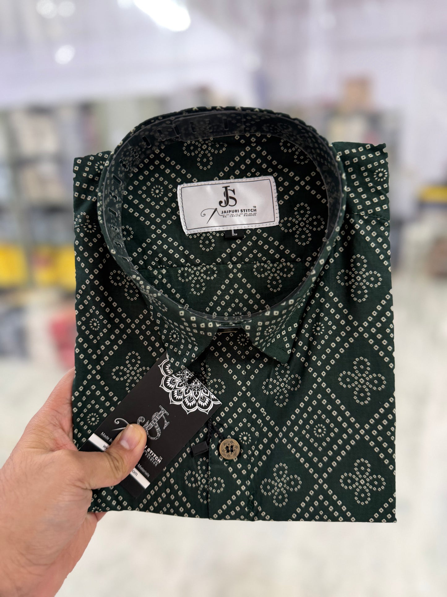 Bottle Green Barfi Bandhej Printed Half Sleeves Cotton Shirt for Men
