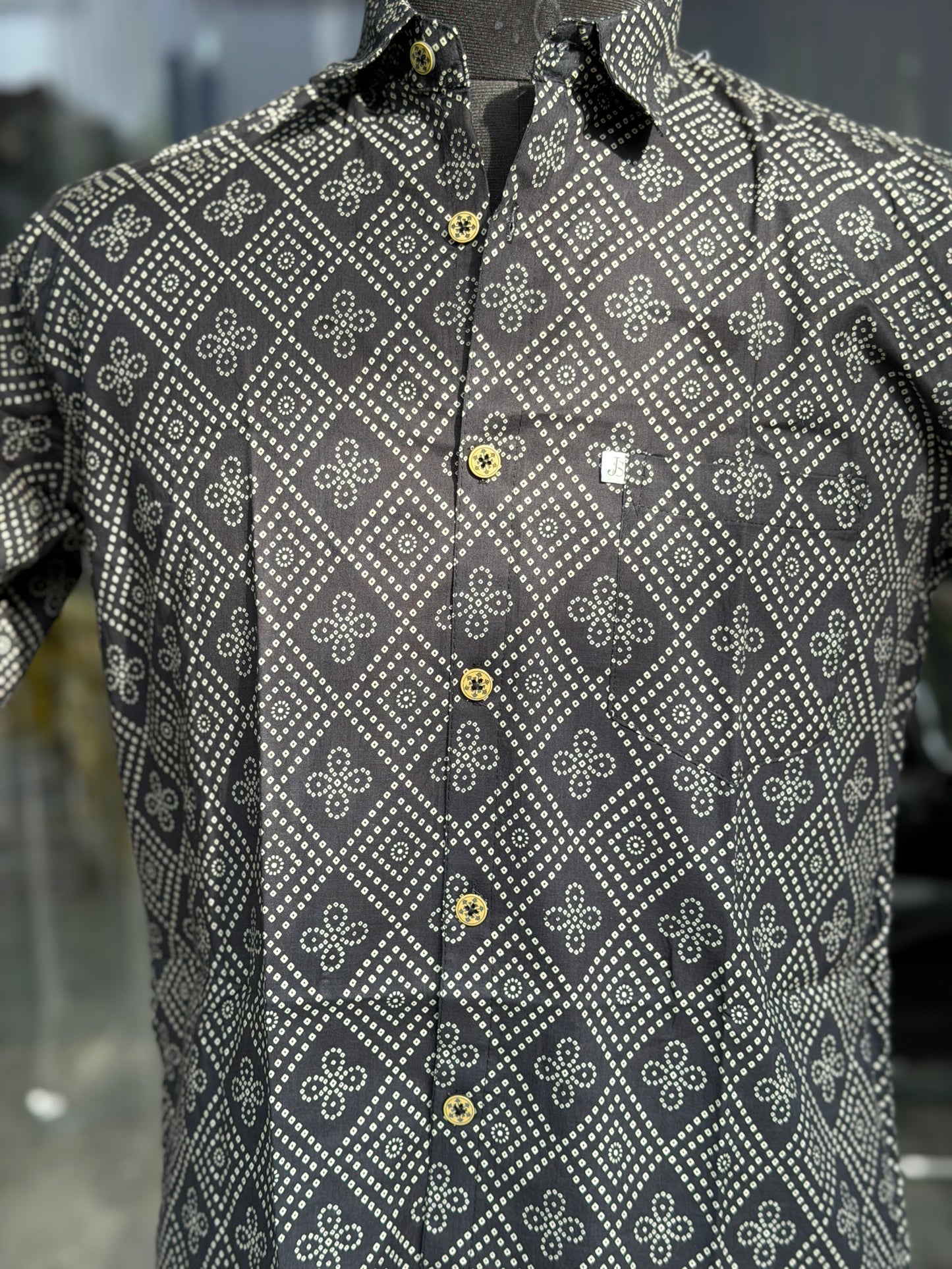 Black Barfi Bandhej Printed Half Sleeves Cotton Shirt for Men