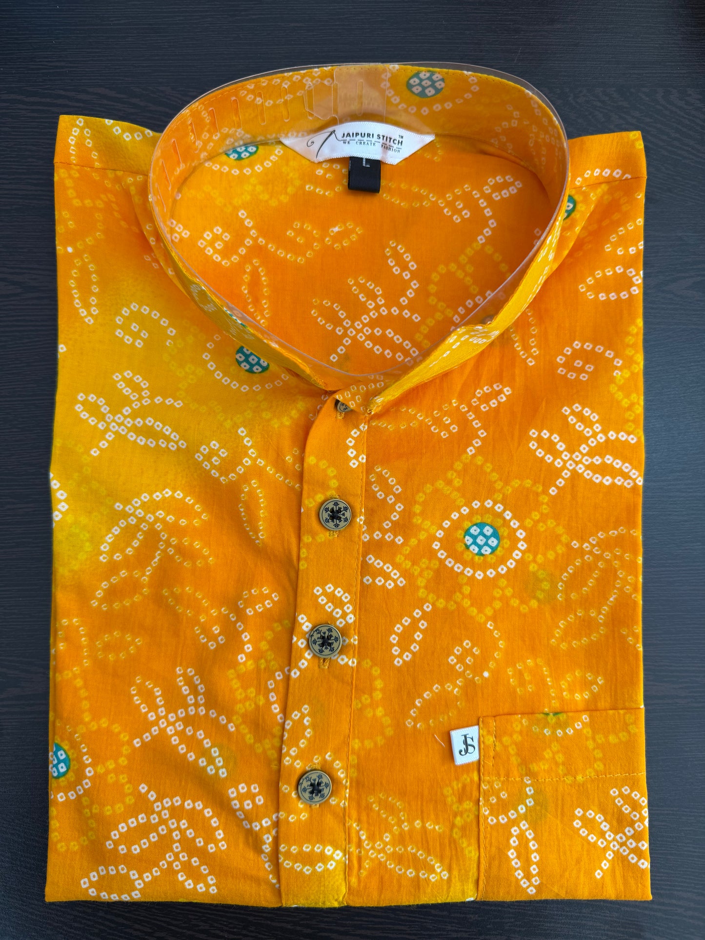 Multicolour Yellow Bandhej Printed Men's Full Sleeves Short Cotton Kurta