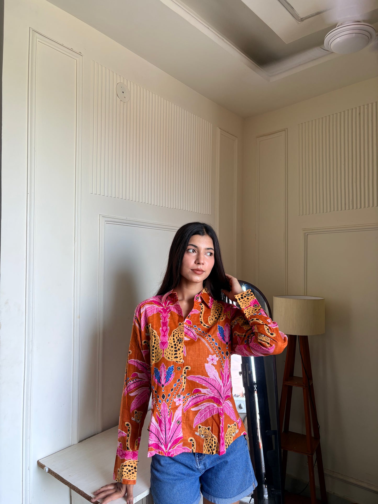 Orange Tropical Leopard Print Women’s Cotton Shirt