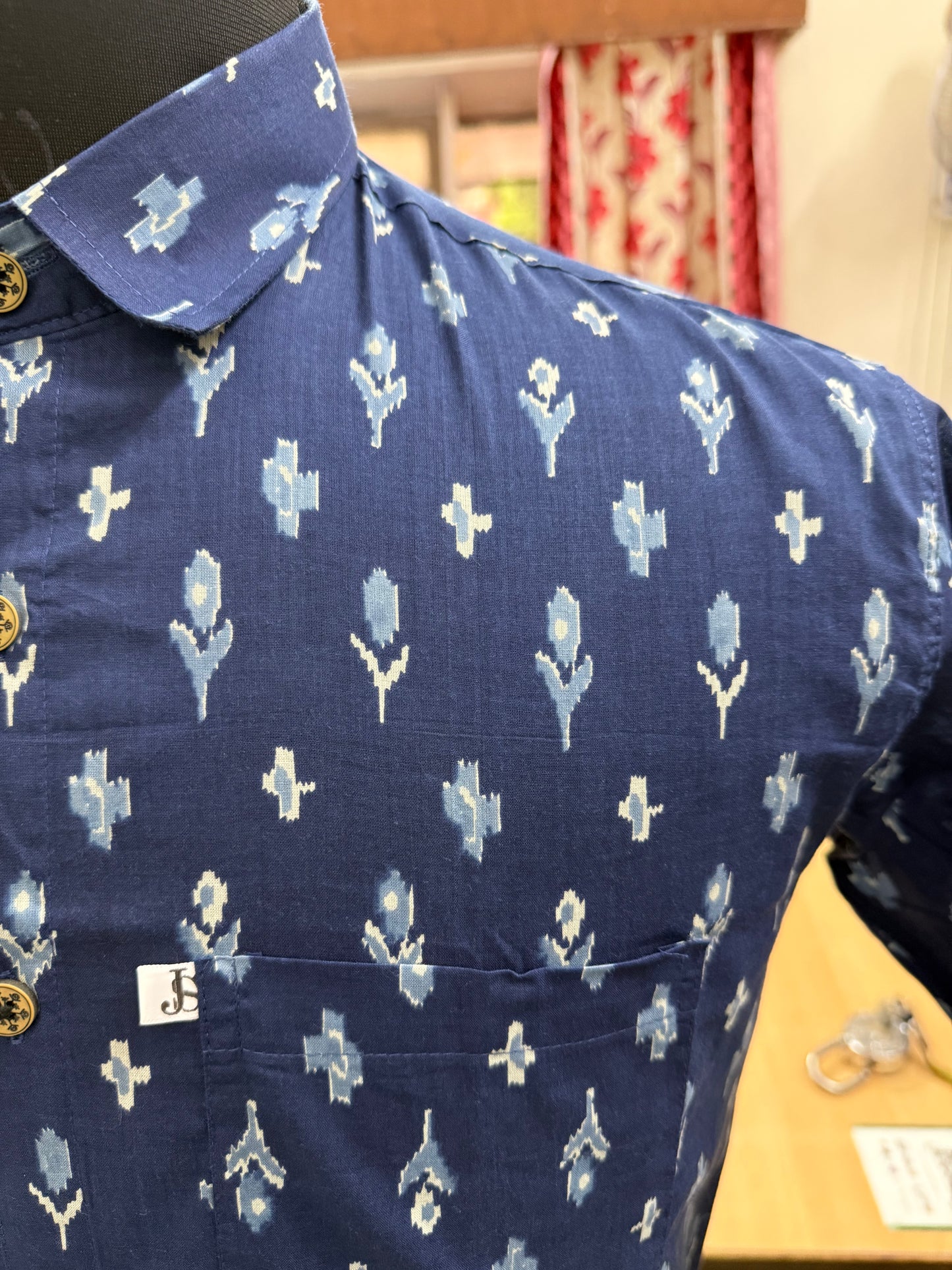 Blue/Indigo Ikkat Printed Mens Half Sleeves Cotton Shirt