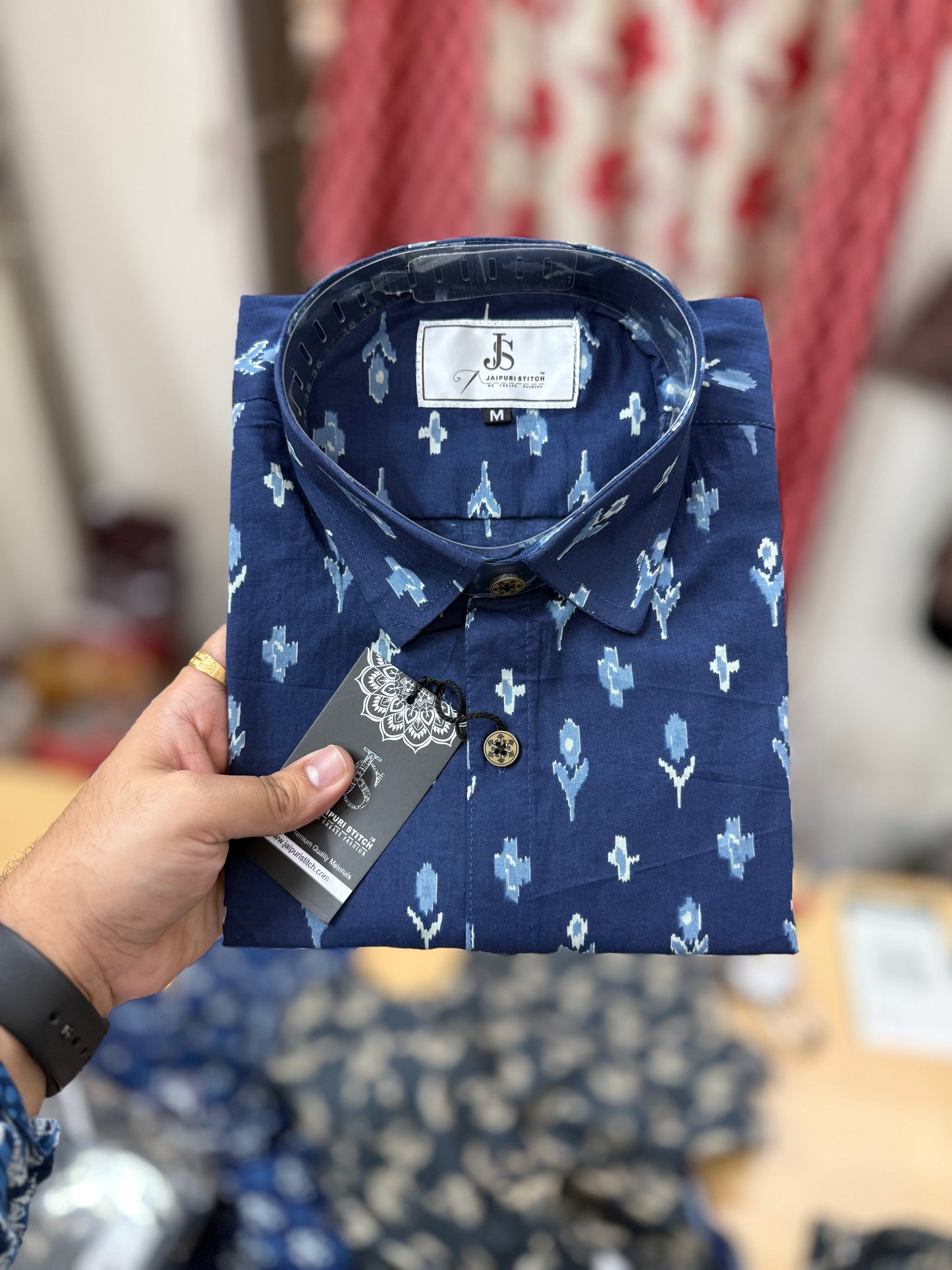 Blue/Indigo Ikkat Printed Mens Half Sleeves Cotton Shirt