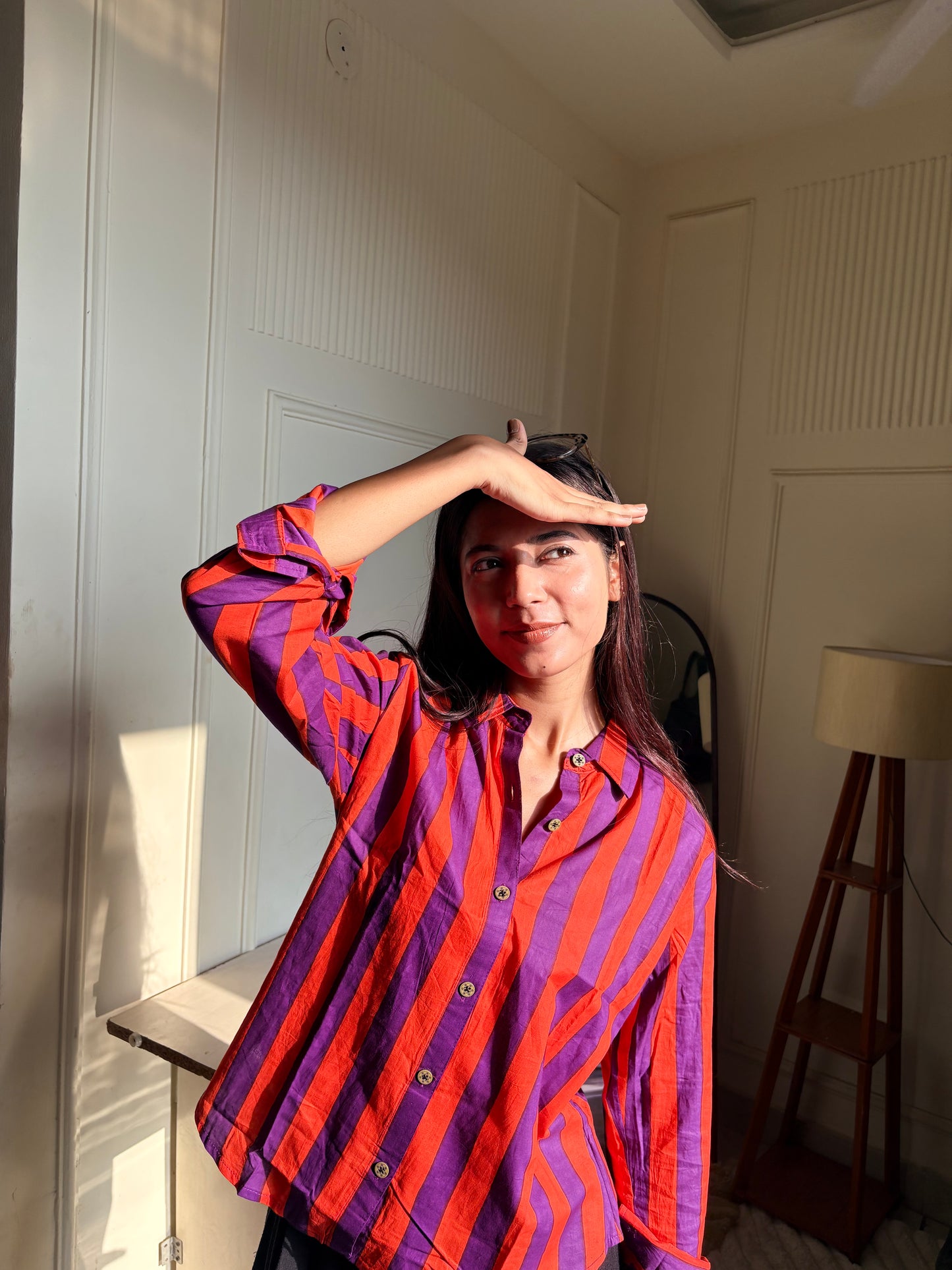 Purple & Orange Striped Women’s Cotton Shirt
