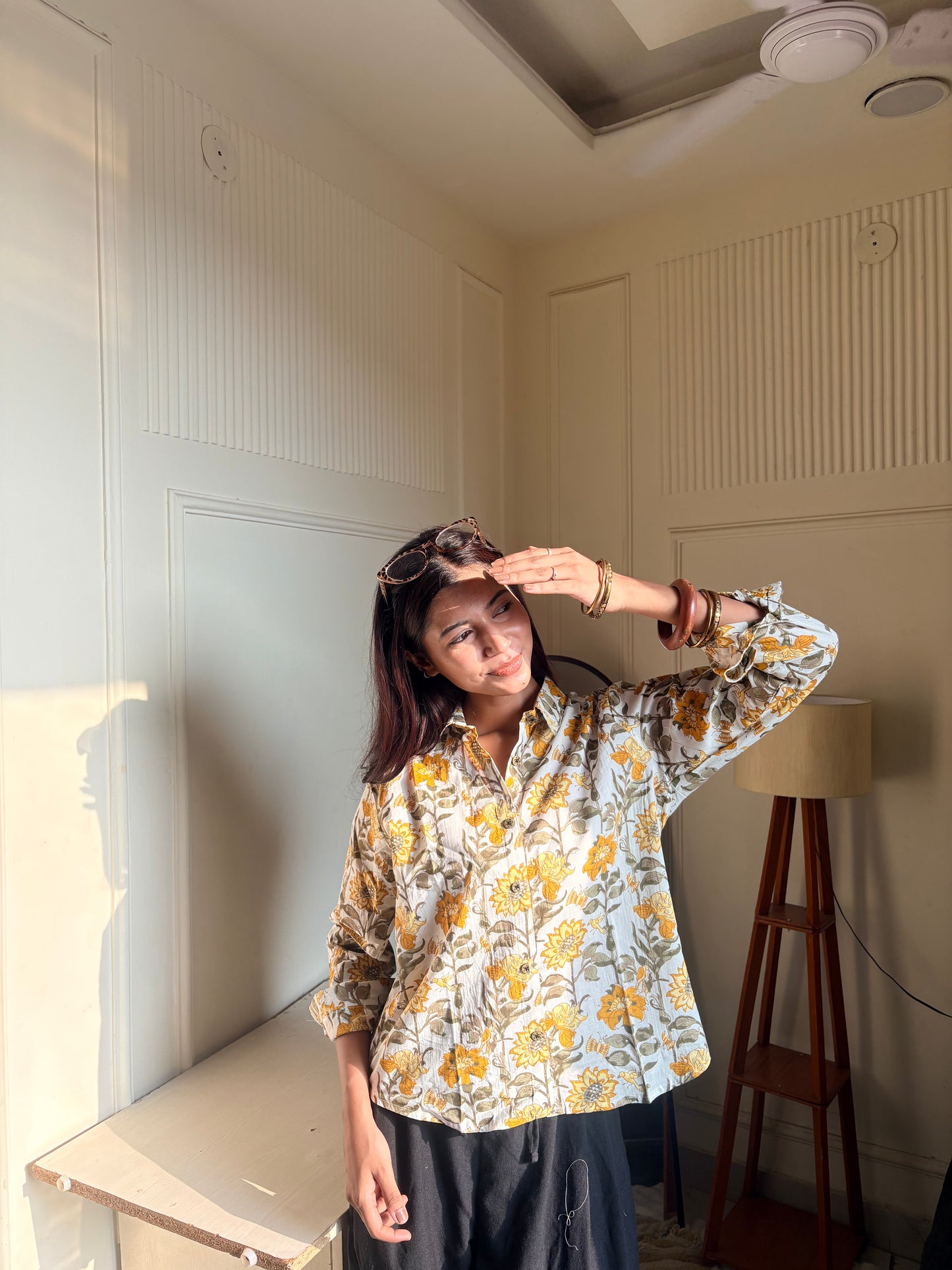 White & Mustard Floral Kalamkari Print Women’s Cotton Shirt