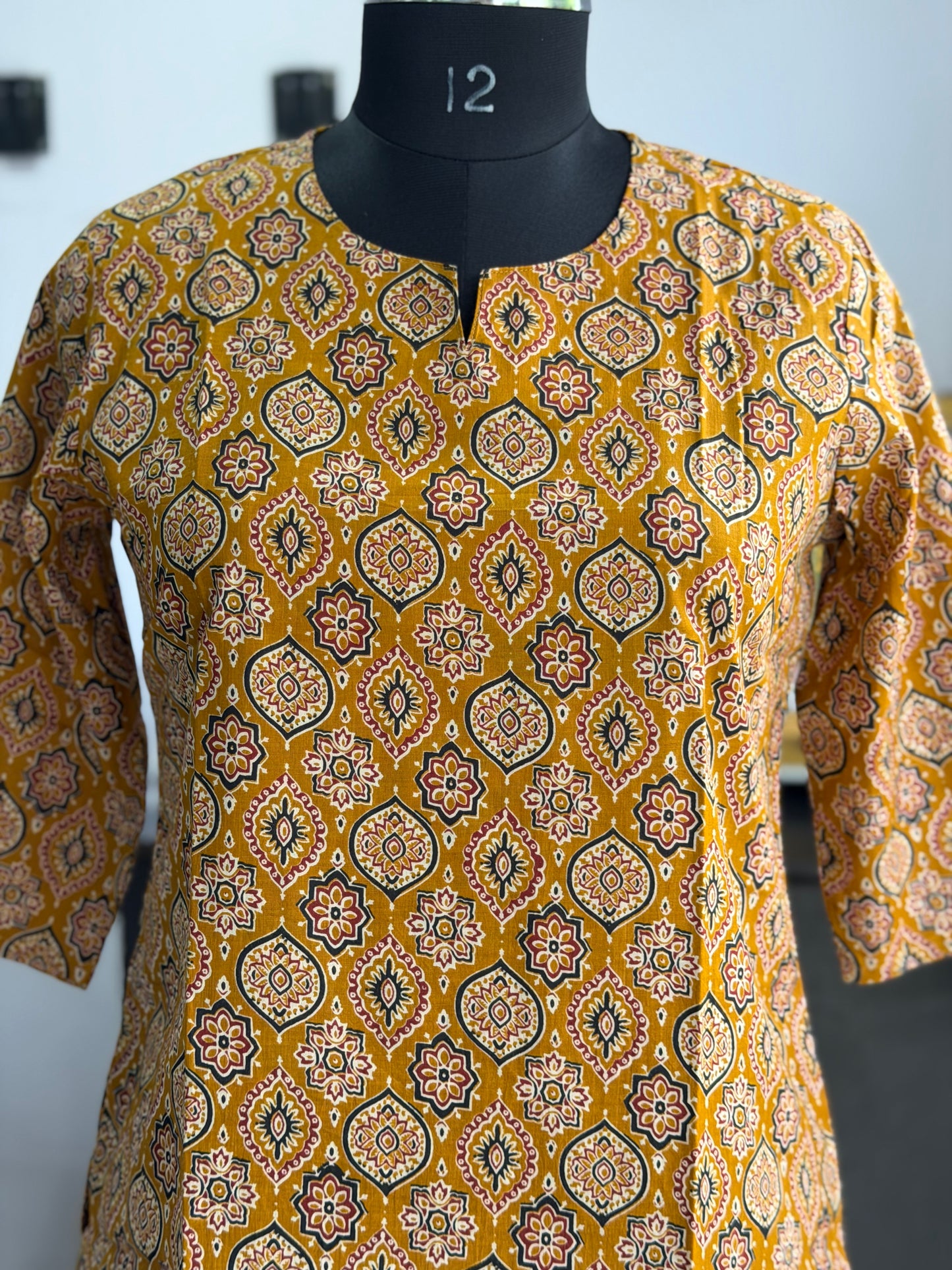 Mustard Ajrakh Print 3/4 Sleeves Cotton Short Kurti Top for Women