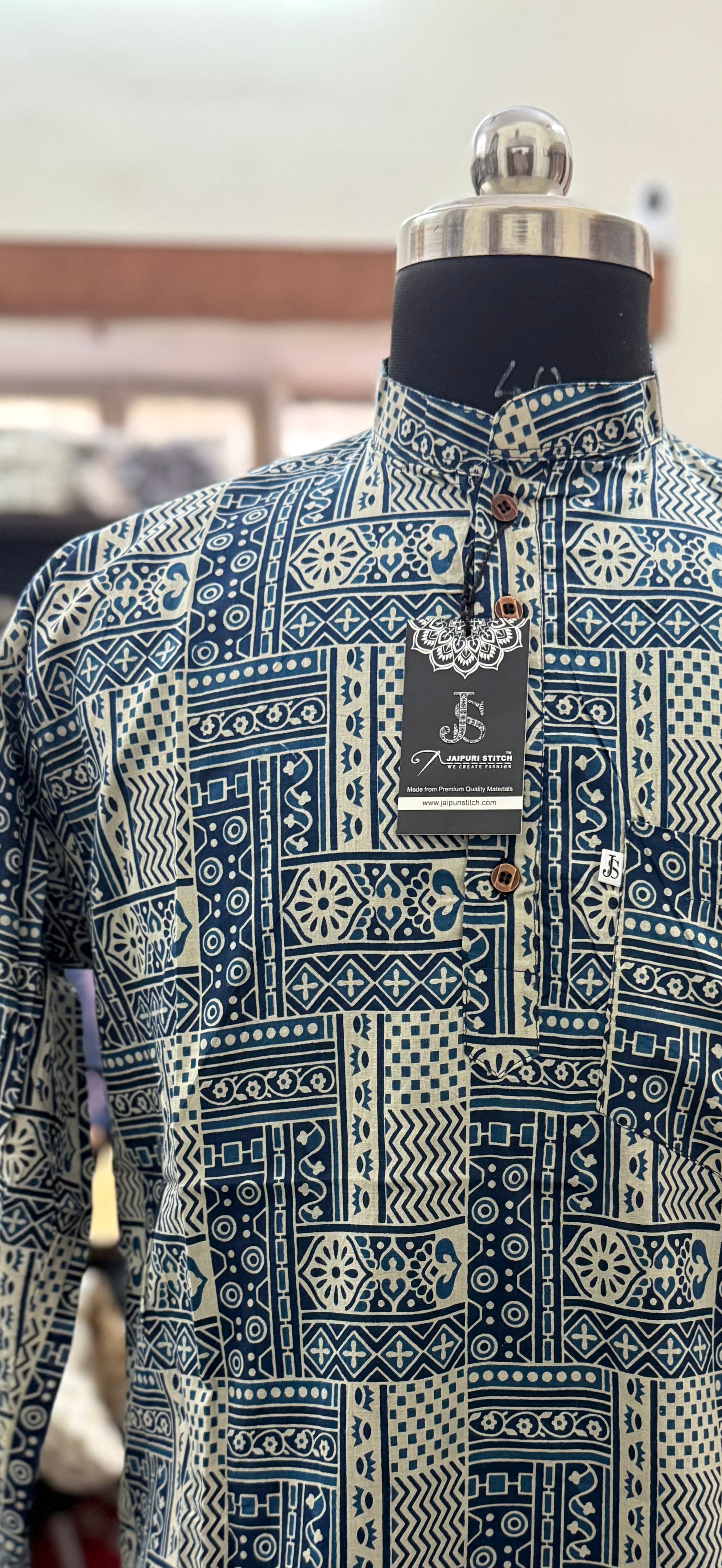 Indigo Geometric Dabu Block Printed Full Sleeves Short Kurta for Men