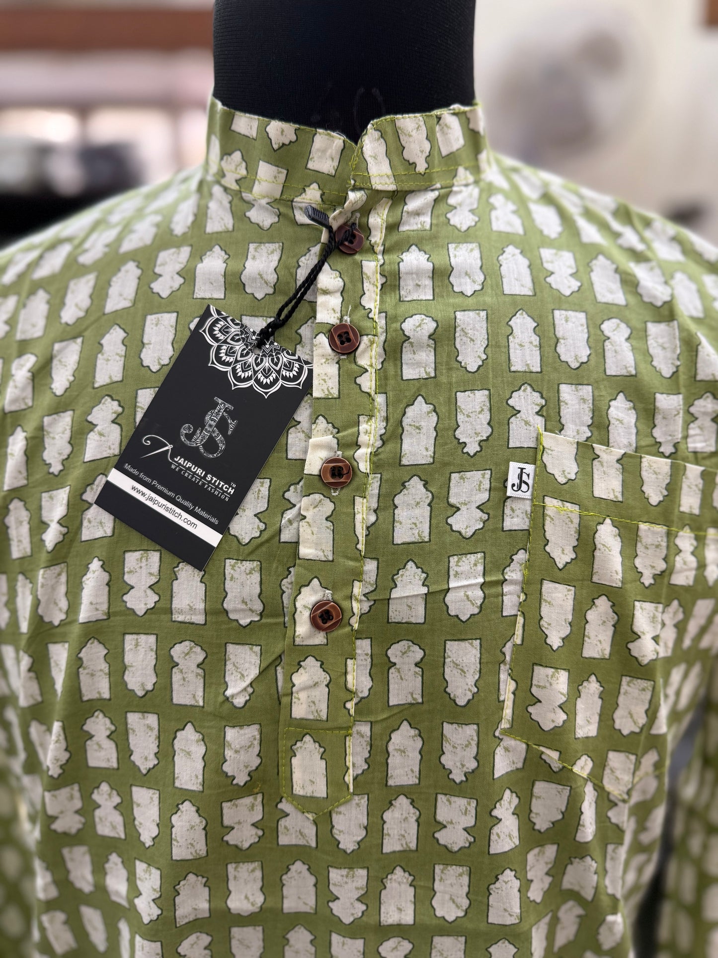 Green Abstract Grid Print Full Sleeves Short Kurta for Men