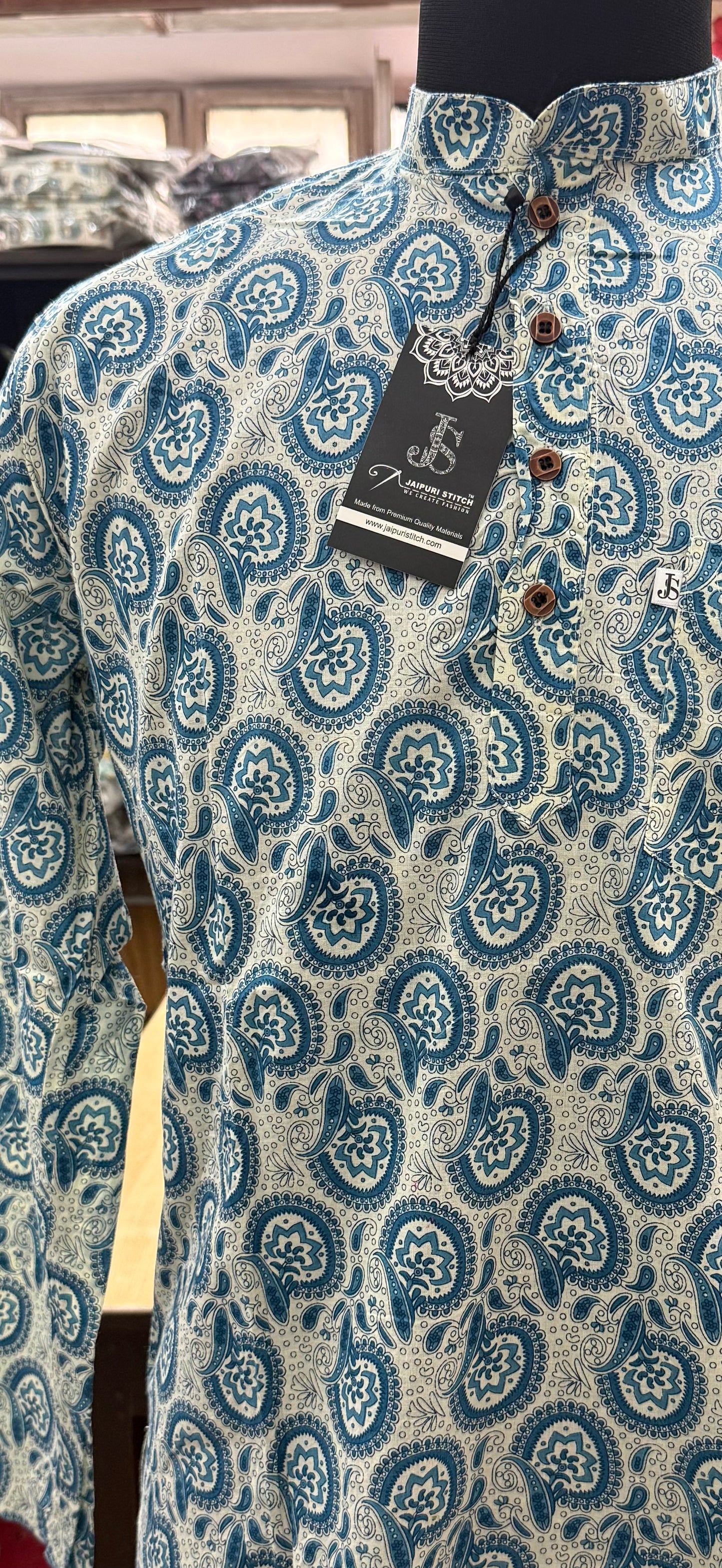 Blue Dabu-Inspired Booti Print Full Sleeves Short Kurta for Men