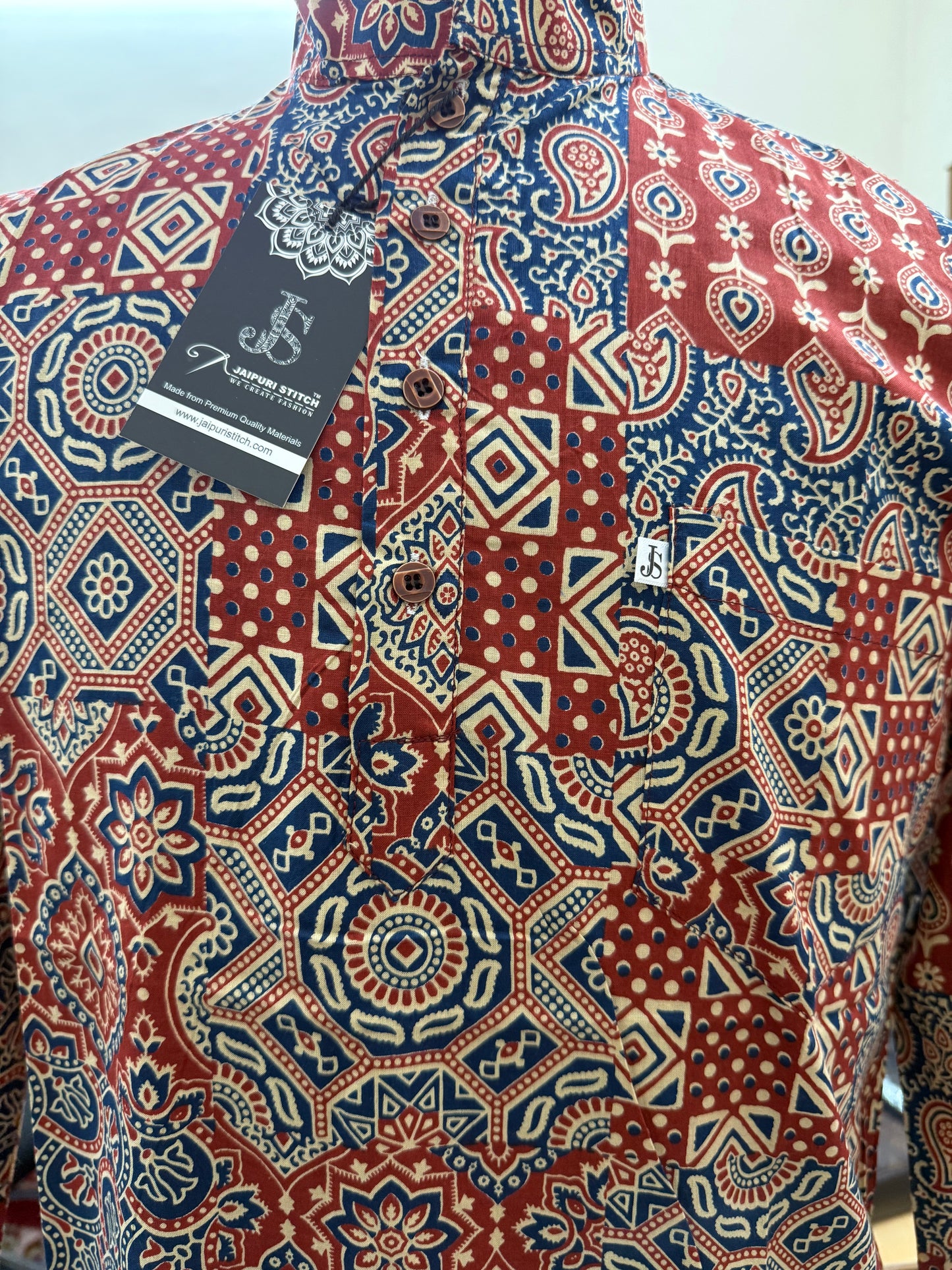 Multicolor Ajrak Patchwork Printed Full Sleeves Short Kurta for Men