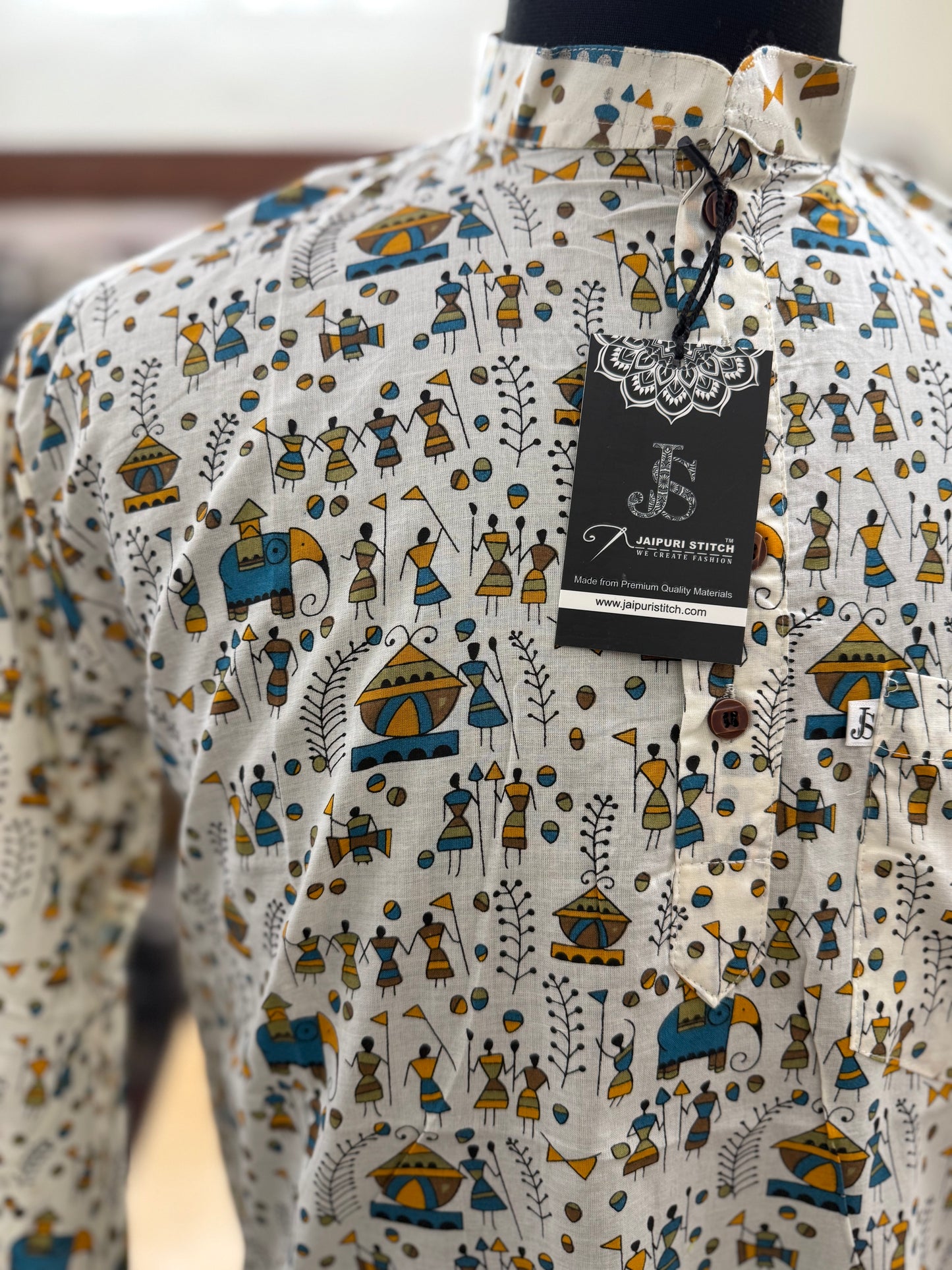 Tribal Warli Art Printed Full Sleeves Short Kurta for Men