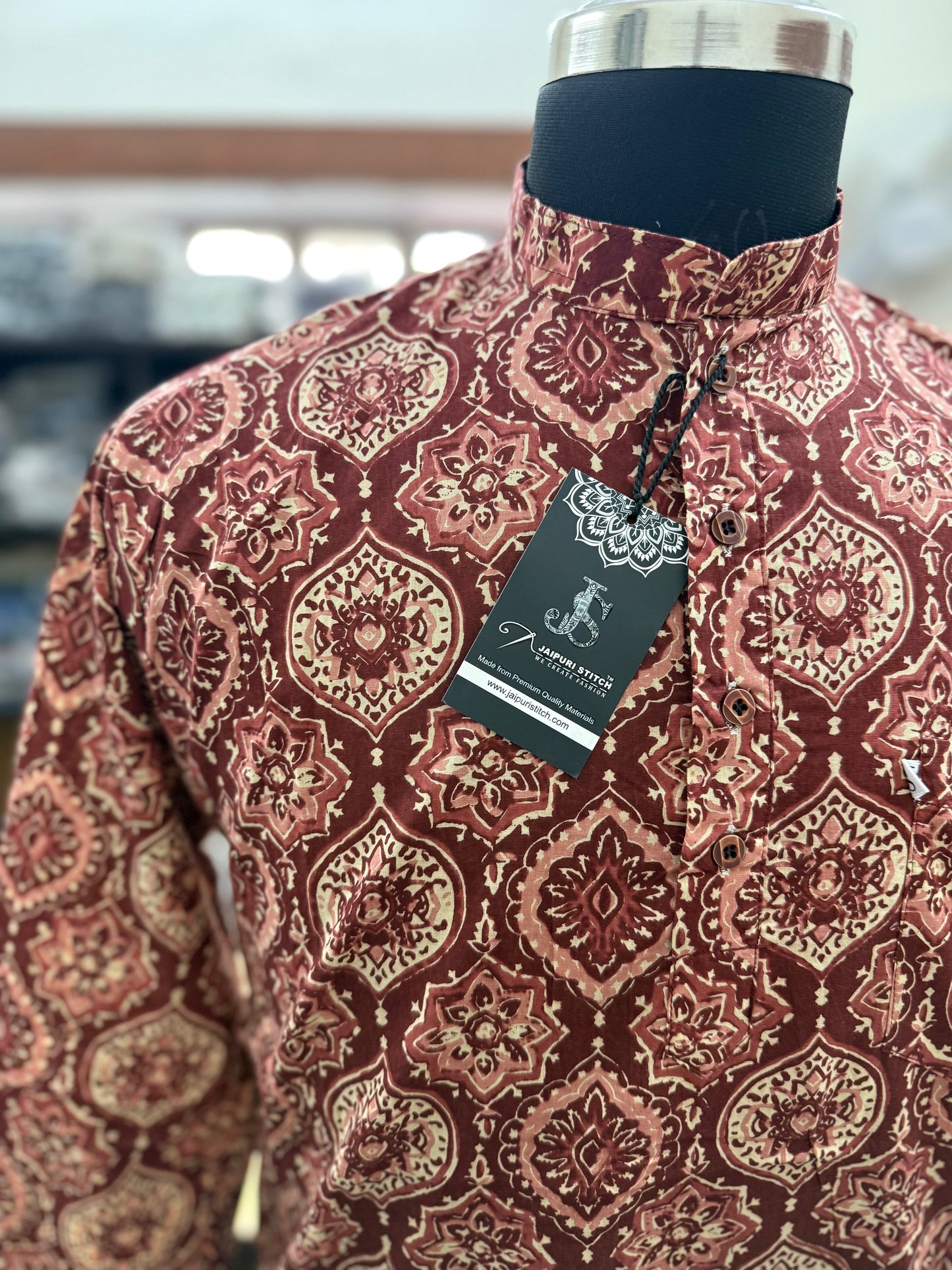 Maroon Ajrak Motif Printed Full Sleeves Short Kurta for Men